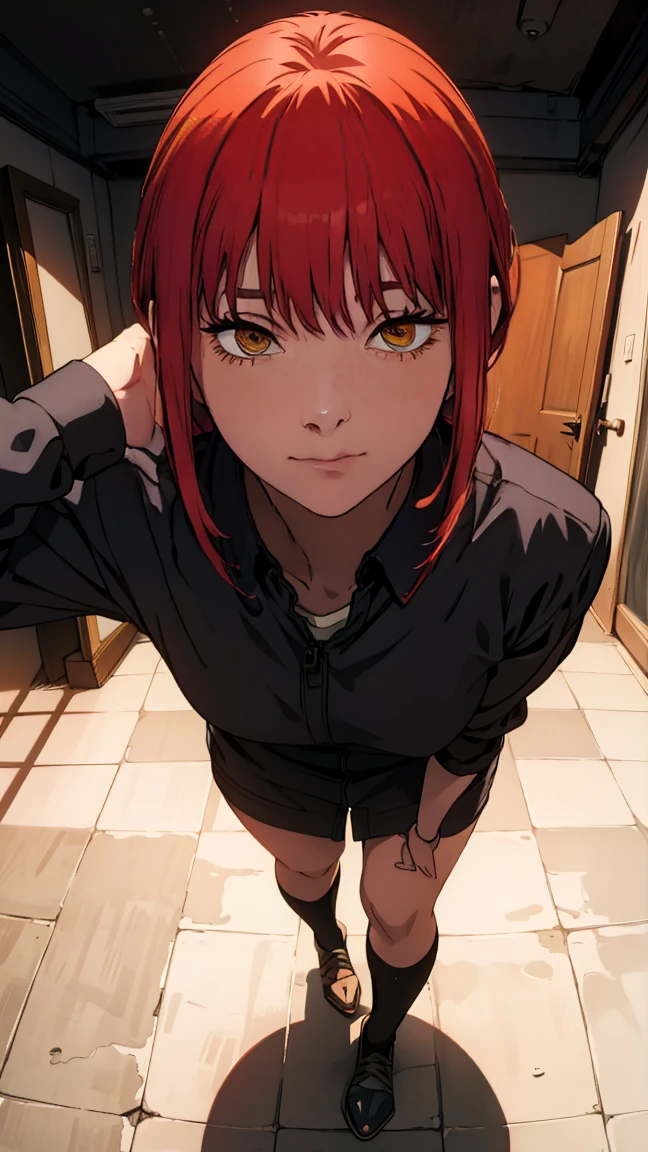 The character Makima from the anime series Chainsaw Man, fragile, full length (Full body 1.1.), dark background, darkness, Correct anatomy 1.1, holds his hands behind his back, correct hand anatomyVery sexy, erotica, very feminine, beautiful figure, legs, buttocks, beautiful body, red hair, orange eyes, Red circles for schoolchildren, summer dress, sexy pose, realistic, very detailed, beautiful body, detailed body, detailed hands, detailed, Vibrating, detailed Face, Makima character design. very detailed, detailed body, detailed hands, detailed Face, anime art, Hugh Details, Very downcast face, detailed eyes, Super thin illustration, best shadow, Fine detail, beautiful detailed glow, beautiful detailed, Extraordinarily beautiful, extremely detailed, inexpressive, epic composition, Anime style. anime art anime art, Anime style,