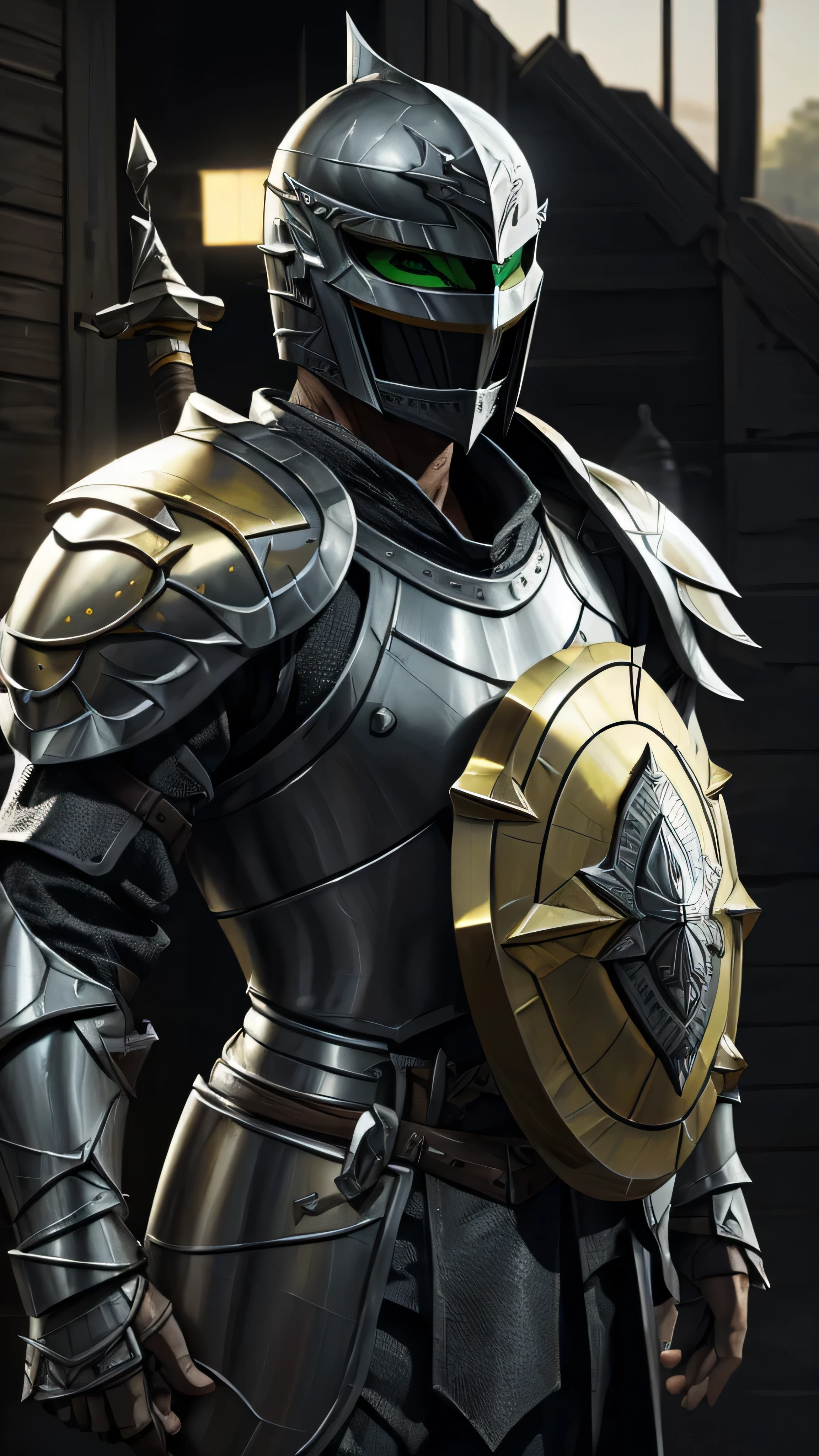 thin warrior, male, dark gray (helmet) covers face, dark gray (armor), plates, yellow patterns, (ax), (big shield), (masterpiece, best quality), (green eyes), (hyper realistic:1.6), ((detailed face)), ((award-winning)), (sharp), (8k resolution), (cinematic lighting)