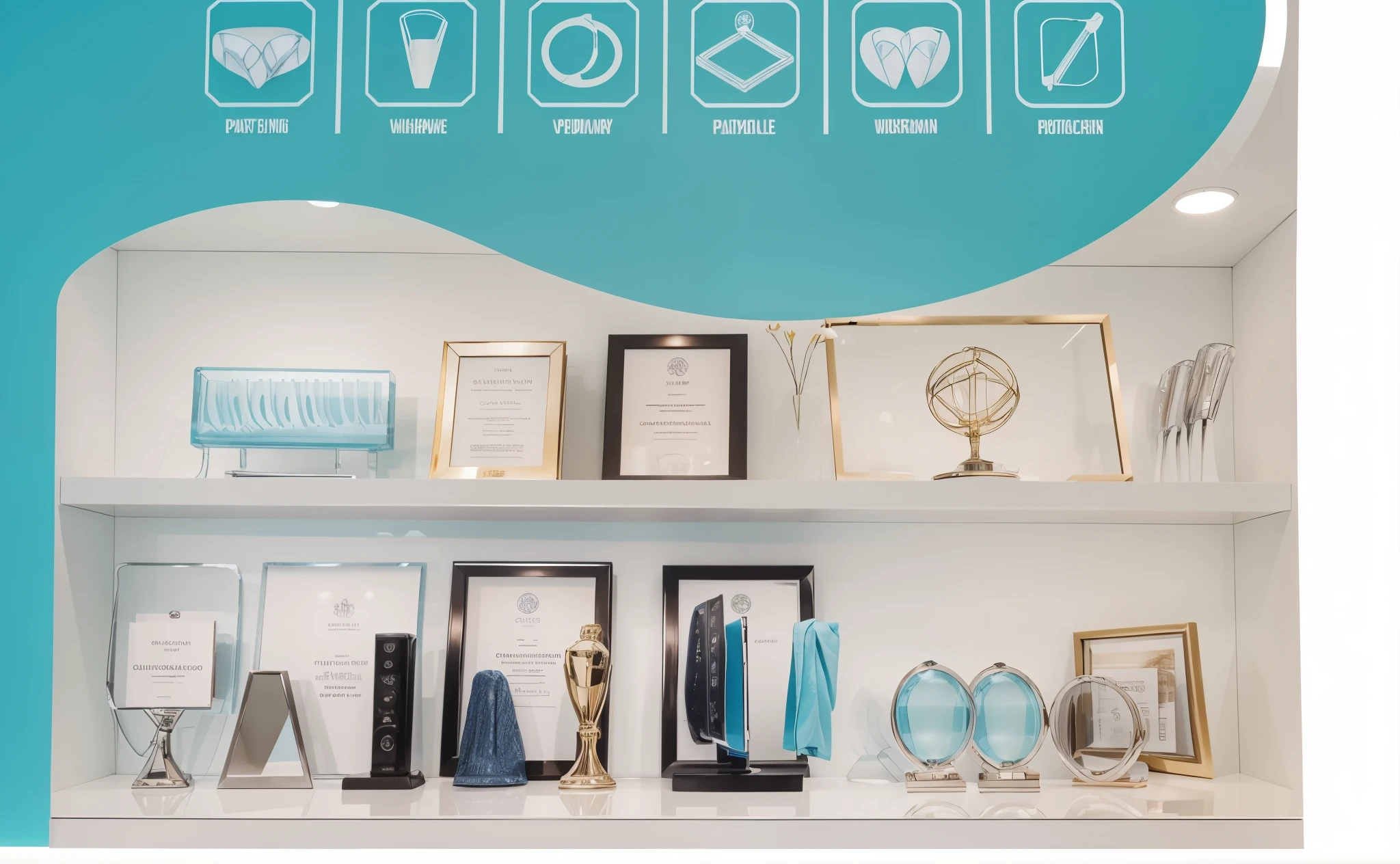 Design an interactive and engaging website for the dental clinic, featuring various awards that have been won in the style of our office in China over many years of experience in fiber optic toothayr X close up of all their trophies on display on shelf, with clear icons showing them off. Use light blue as main color theme to convey trust and warmth. The design should be modern yet professional, reflecting your equipment's high quality and sophistication, while highlighting experience and clients' paDocumentary Photography,