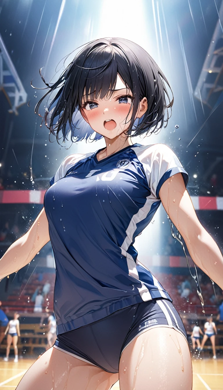 (Sports magazine cover photo), Highest quality, Great quality, 16K, Unbelievably absurd, Very detailed, delicate and dynamic,gym, Shining Lights , Create amazing image effects , Wet, sweating, volleyball, receive, close(Cute sexy girl, A large, swaying bust, Sensual expression, Cool girl, Black Hair、Bobcut、Severe, passion, dynamic, White gym clothes、Navy blue underwear)