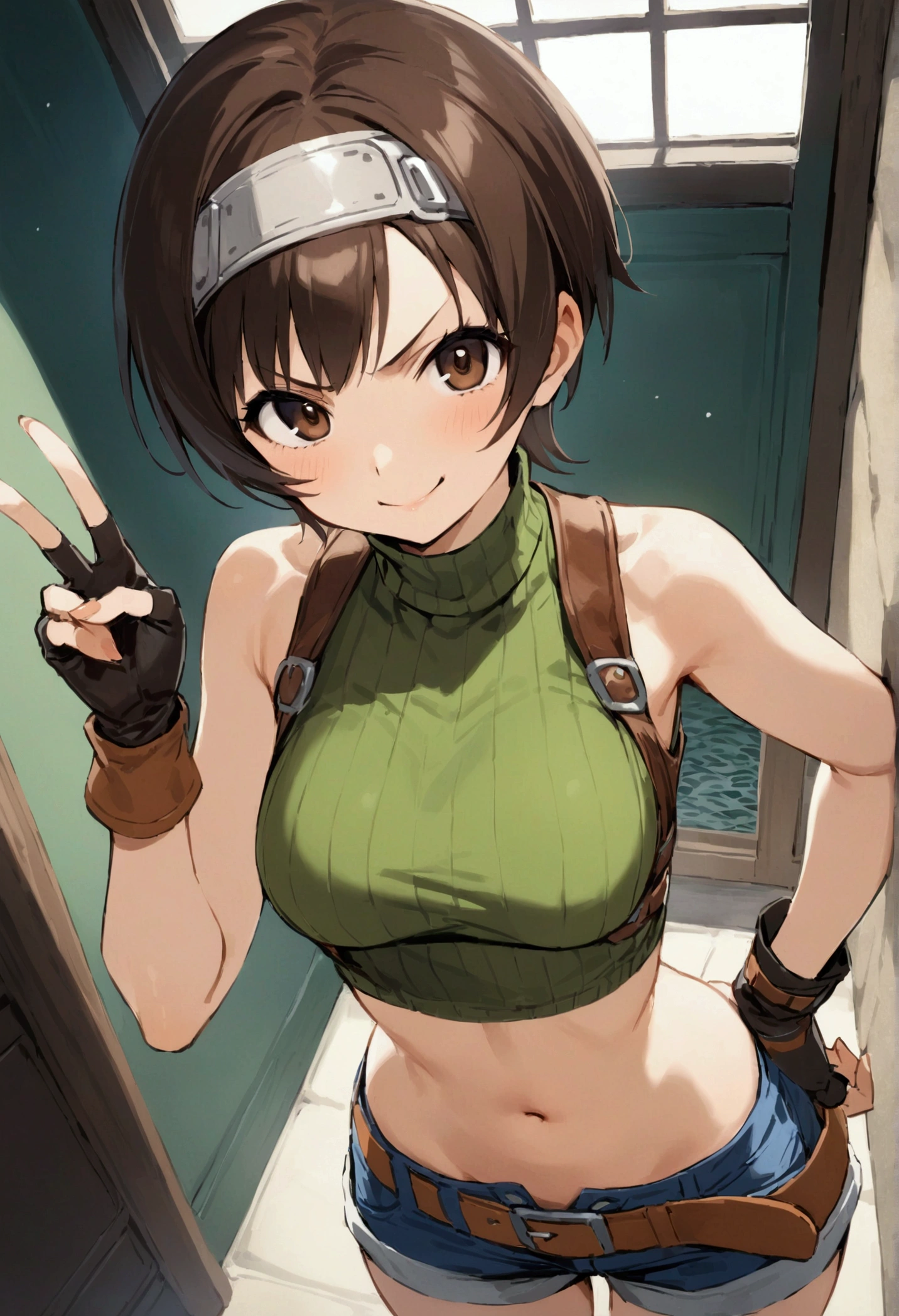 score_9, score_8_up, score_7_up,BREAK best quality,high quality,masterpiece,aesthetic,very aesthetic, soro,1girl,yuffie kisaragi,, final fantasy,short hair,headband,navel,sleeveless,turtleneck
brown eyes,
sleeveless turtleneck,gloves,crop top,brown hair,shorts,midriff,sweater,open fly,fingerless gloves,ribbed sweater,looking at viewer,smug,v-shaped eyebrows,wide eyes,v,hand on hip,