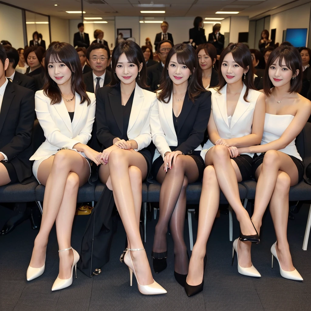 (Group photo, multiple_girl, cute Japanese girl with perfect body,, Looking_in_Audience, (office lady, (masterpiece, high quality:1.2), , (smile), (office), Highly detailed face, (High heels, whole body, Beautiful feet:1.3),Black Hair,slim,
White business suit,Short skirt,Age 25,The best beauty,like々Shii,slim,Beautiful feet,All of them are wearing stockings,Mr.々A pose