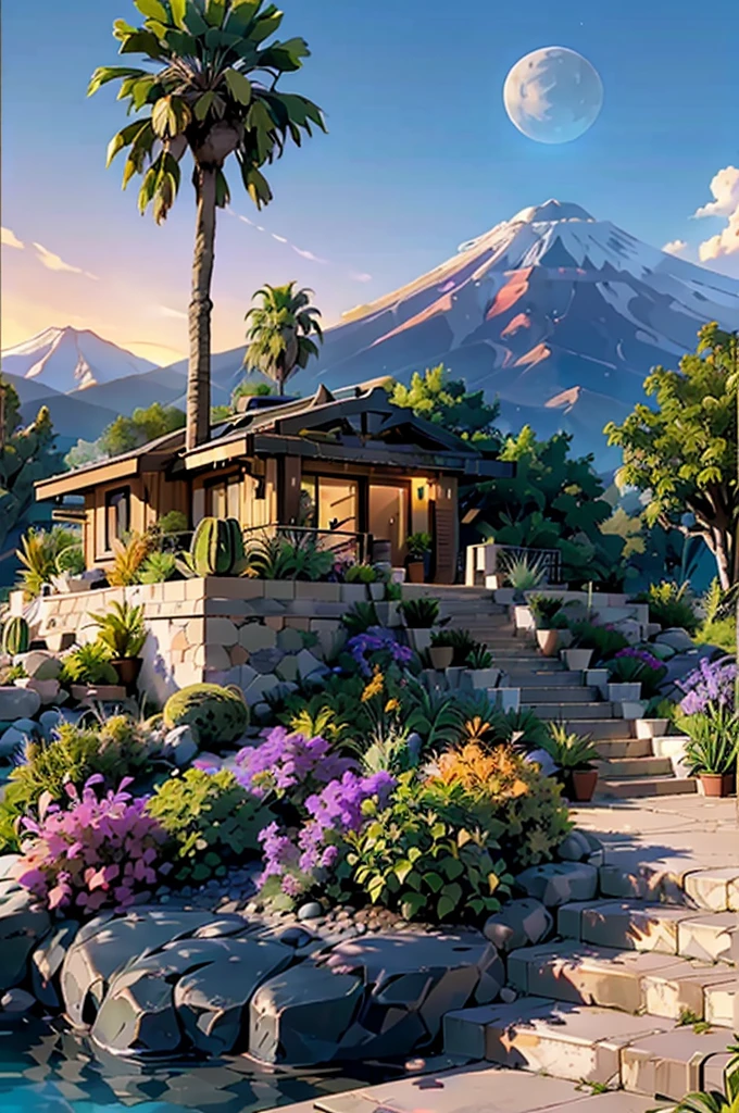 small and beautiful modern house in top of big boulders, terraces, pool, stairs, multiple cacti gardens, palms, trees, rocks, beautiful landscape design, mountains and volcano y background, amazing clouds, sun, moon, planets, milky way galaxy, concrete, wood, glass and steel materials, olive green, violet, orange and withe colors in facade