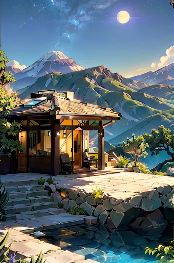 small and beautiful modern house in top of big boulders, terraces, pool, stairs, multiple cacti gardens, palms, trees, rocks, beautiful landscape design, mountains and volcano y background, amazing clouds, sun, moon, planets, milky way galaxy, concrete, wood, glass and steel materials, olive green, violet, orange and withe colors in facade