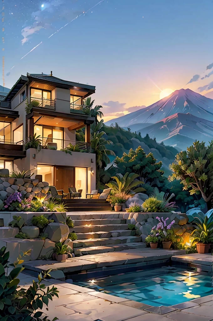 small and beautiful modern house in top of big boulders, terraces, pool, stairs, multiple cacti gardens, palms, trees, rocks, beautiful landscape design, mountains and volcano y background, amazing clouds, sun, moon, planets, milky way galaxy, concrete, wood, glass and steel materials, olive green, violet, orange and withe colors in facade