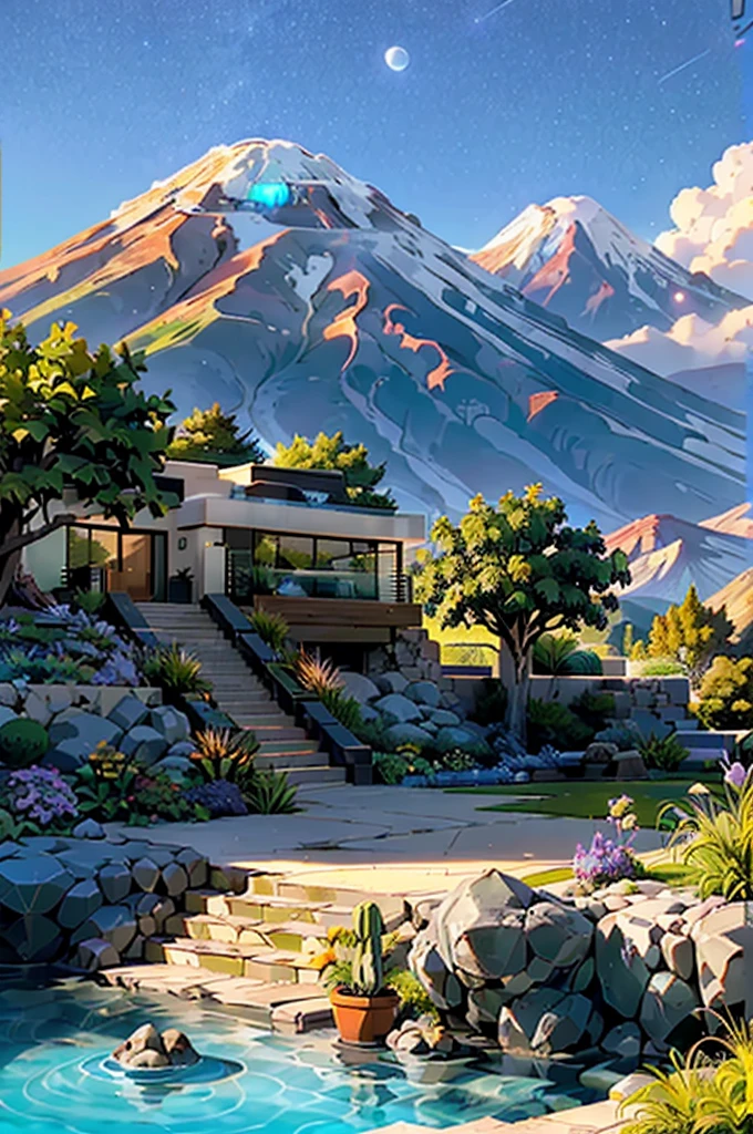 small and beautiful modern house in top of big boulders, terraces, pool, stairs, multiple cacti gardens, palms, trees, rocks, beautiful landscape design, mountains and volcano y background, amazing clouds, sun, moon, planets, milky way galaxy, concrete, wood, glass and steel materials, olive green, violet, orange and withe colors in facade