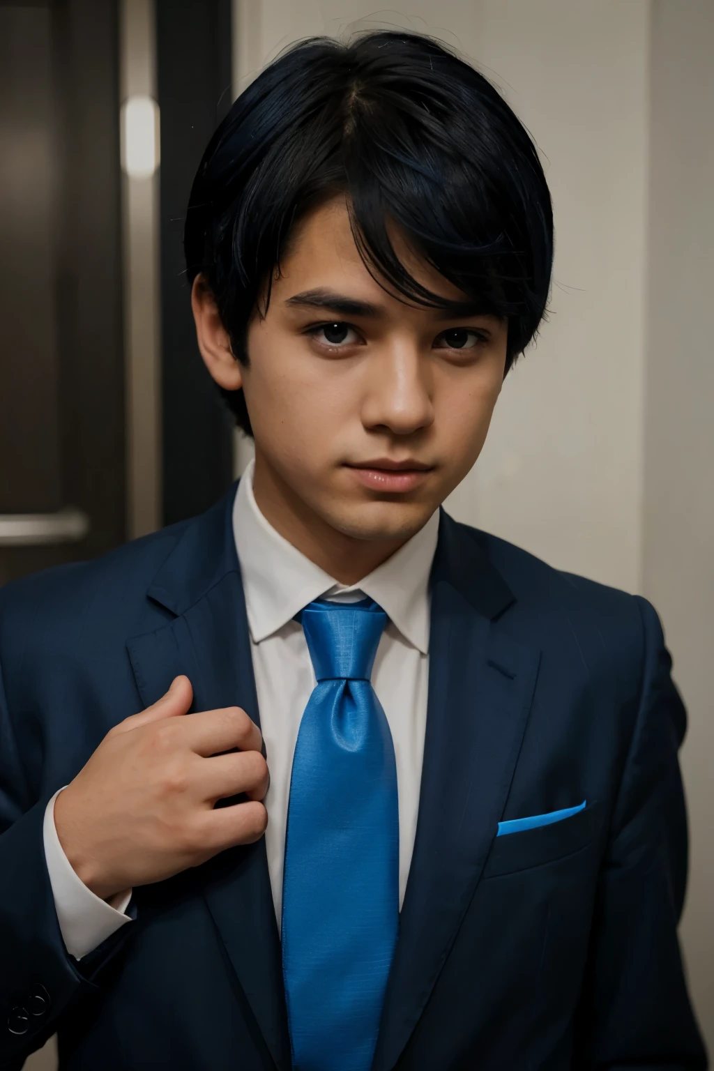 A boy with a blue and black suit with blue tie and black hair 