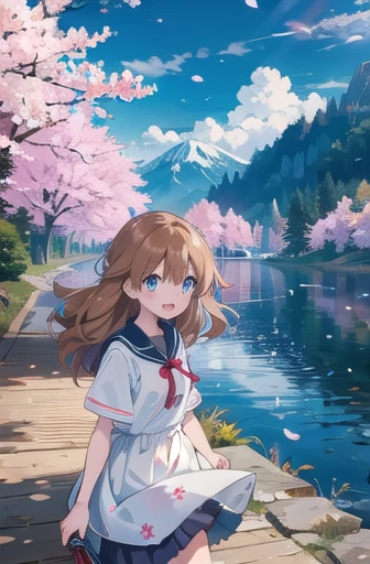 Asuka Soryuu Langley (masterpiece),  BREAK 1girl,  breezy summer dress,  wavy hair,  floating hair,  smile,  standing, wind ruffling her skirt,  open mouth,  light particles,  chestnut hair,  deep blue eyes,  looking at viewer,  face focus, BREAK, scenery,  mountainous horizon,  cherry blossoms,  petals,  light particles,  BREAK upper body,  