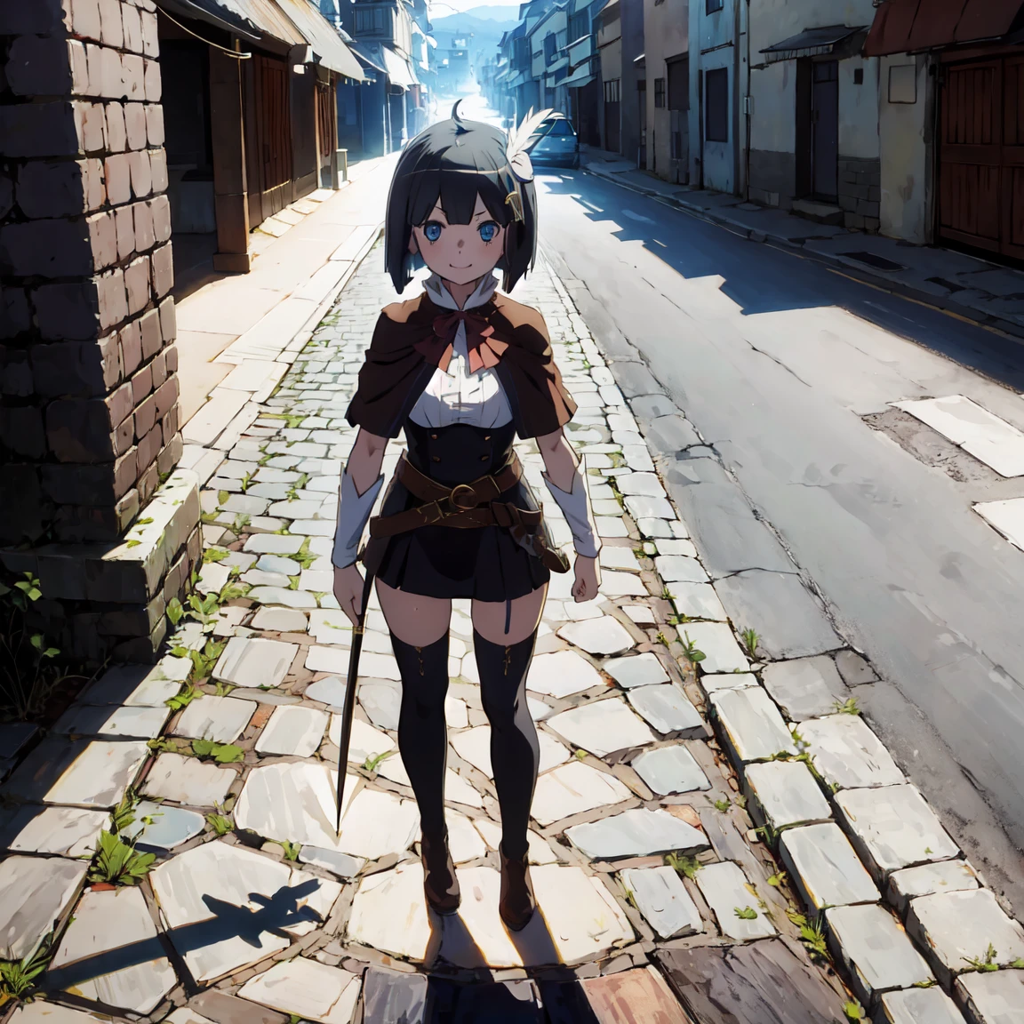 highly detailed, full body, ((1girl)), solo, smile, blush, outdoors, day, simple background, blue sky, sky, temple, looking at viewer, stairs, mountain, moody lighting, facing viewer, full body view, aamumei, ((((short hair:1.2, bob cut:1.2)))), ahoge, multicolored hair, ((feather hair ornament)), hairclip, white shirt, brown corset, dagger, belt, red skirt, thigh strap, single kneehigh, single thighhighs, brown cloak, cape, capelet, brown bow, (((((magic wand))))),hair band
