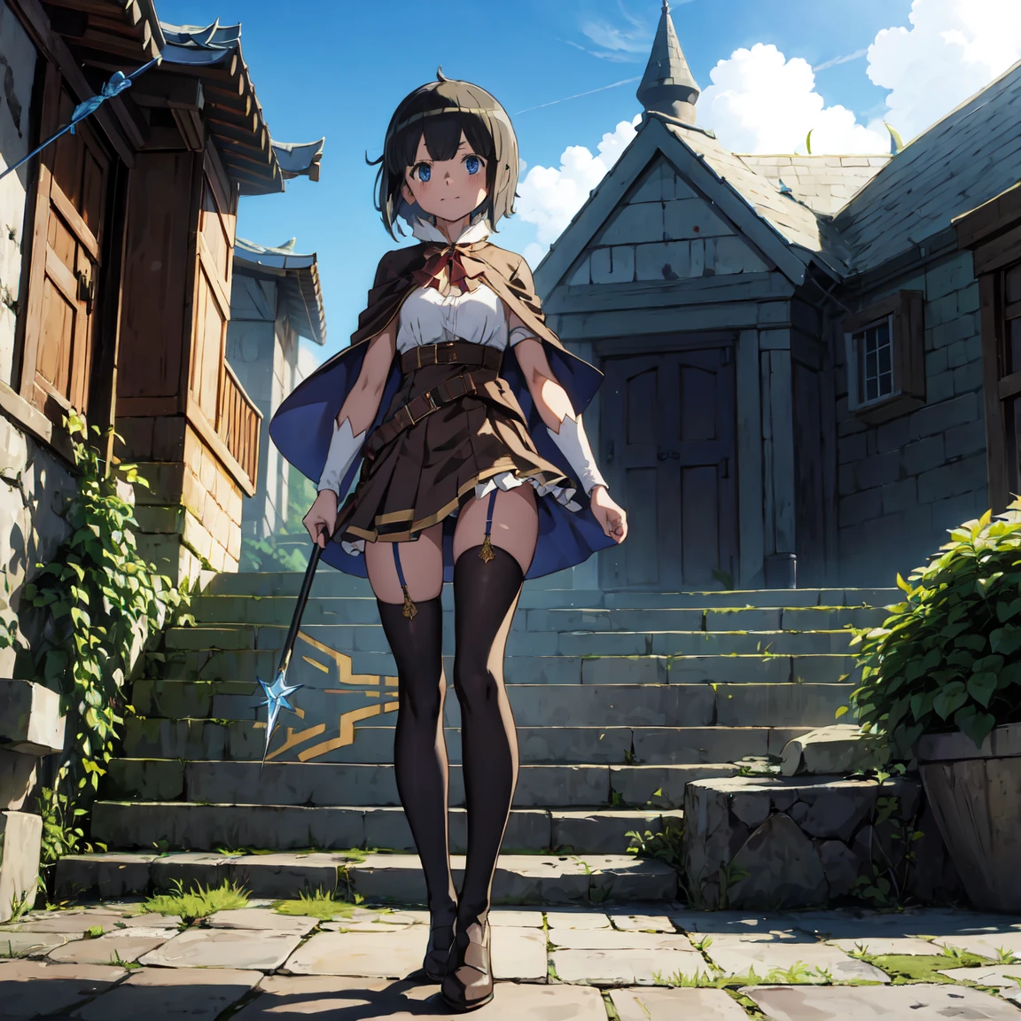 highly detailed, full body, ((1girl)), solo, smile, blush, outdoors, day, simple background, blue sky, sky, temple, looking at viewer, stairs, mountain, moody lighting, facing viewer, full body view, aamumei, ((((short hair:1.2, bob cut:1.2)))), ahoge, multicolored hair, ((feather hair ornament)), hairclip, white shirt, brown corset, dagger, belt, red skirt, thigh strap, single kneehigh, single thighhighs, brown cloak, cape, capelet, brown bow, (((((magic wand))))),hair band
