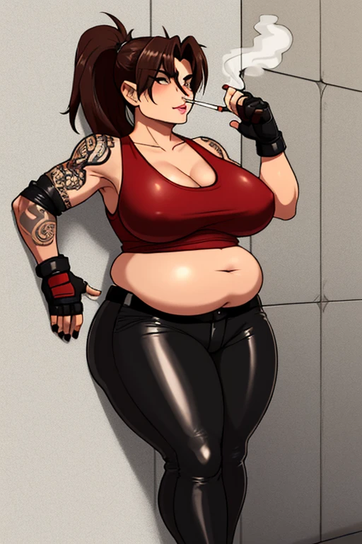 (masterpiece, highest quality:1.2), solo, 1girl, imagine Revy as a plus size milf, 45-year-old, mature woman, covered in tattoo's, plump, chubby figure, round belly, beer gut, love handles, expressionless, looking at viewer, ponytail, (Wearing: red tank top, fingerless gloves, black leather pants), holding a cigarette, city street, standing, leaning up against a wall
