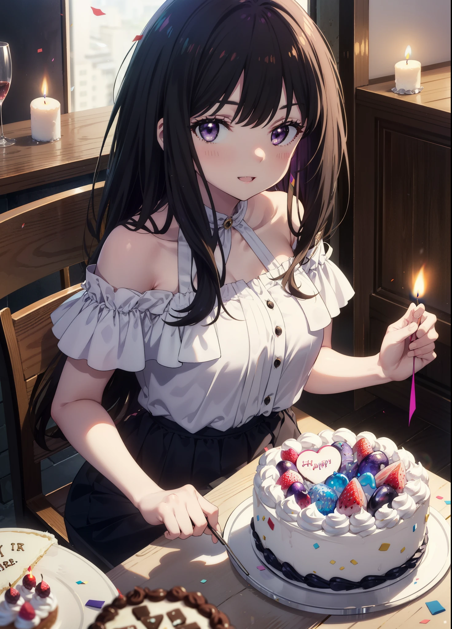 Takiuchikami, Long Hair, bangs, Black Hair, (Purple eyes:1.2),
smile,blush,Please open your mouth wide,Blue off-shoulder dress,Short sleeve long skirt,Stiletto heels,Birthday cake with lit candles,
,There is a round birthday cake on the desk..,Confetti,cracker,whole bodyがイラストに入るように,
break indoors,  venue,
break looking at viewer, whole body, 
break (masterpiece:1.2), Highest quality, High resolution, unity 8k wallpaper, (shape:0.8), (Beautiful attention to detail:1.6), Highly detailed face, Perfect lighting, Extremely detailed CG, (Perfect hands, Perfect Anatomy),