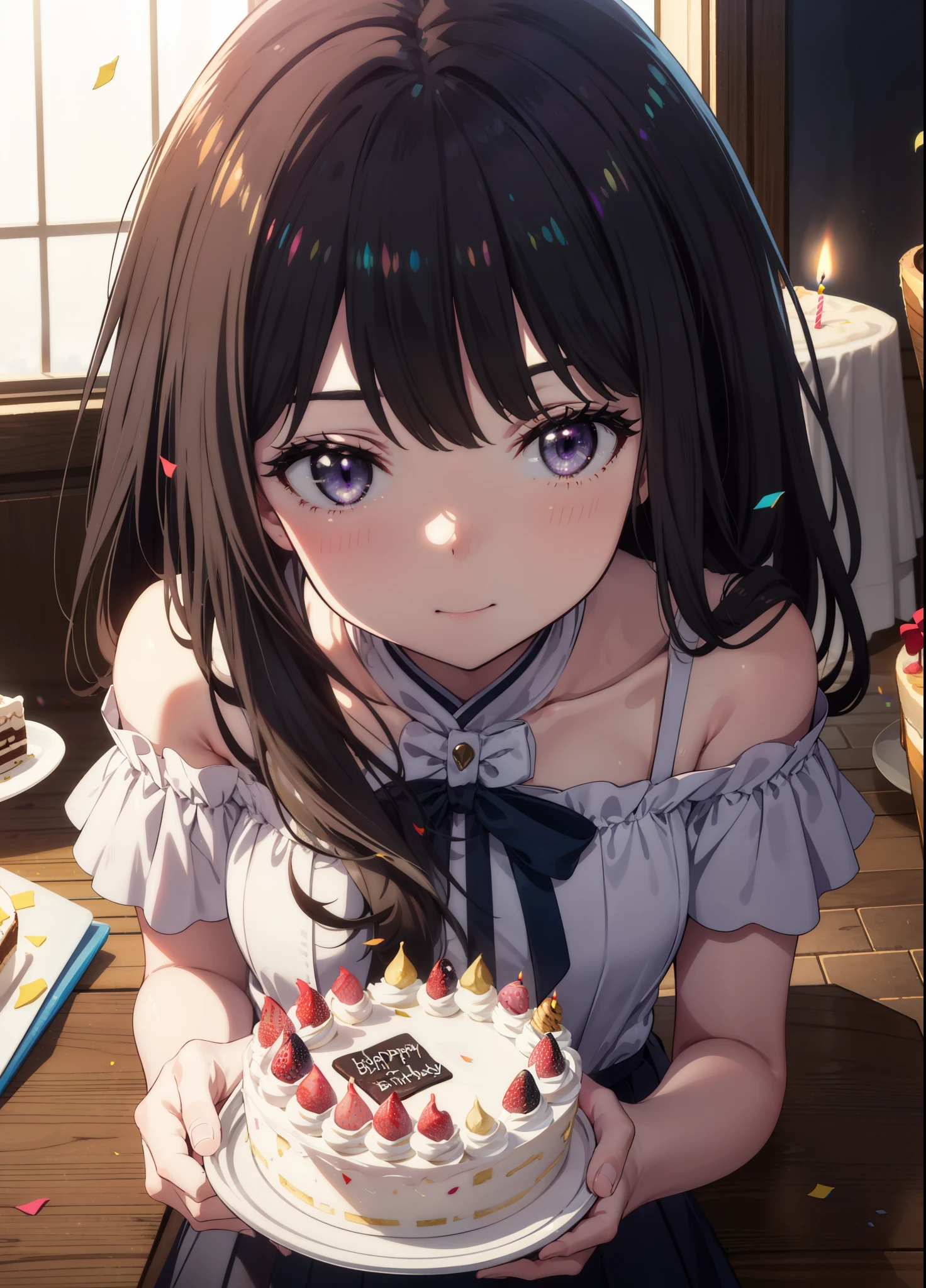 Takiuchikami, Long Hair, bangs, Black Hair, (Purple eyes:1.2),
smile,blush,Please open your mouth wide,Blue off-shoulder dress,Short sleeve long skirt,Stiletto heels,Birthday cake with lit candles,
,There is a round birthday cake on the desk..,Confetti,cracker,whole bodyがイラストに入るように,
break indoors, venue,
break looking at viewer, whole body,
break (masterpiece:1.2), Highest quality, High resolution, unity 8k wallpaper, (shape:0.8), (Beautiful attention to detail:1.6), Highly detailed face, Perfect lighting, Extremely detailed CG, (Perfect hands, Perfect Anatomy),