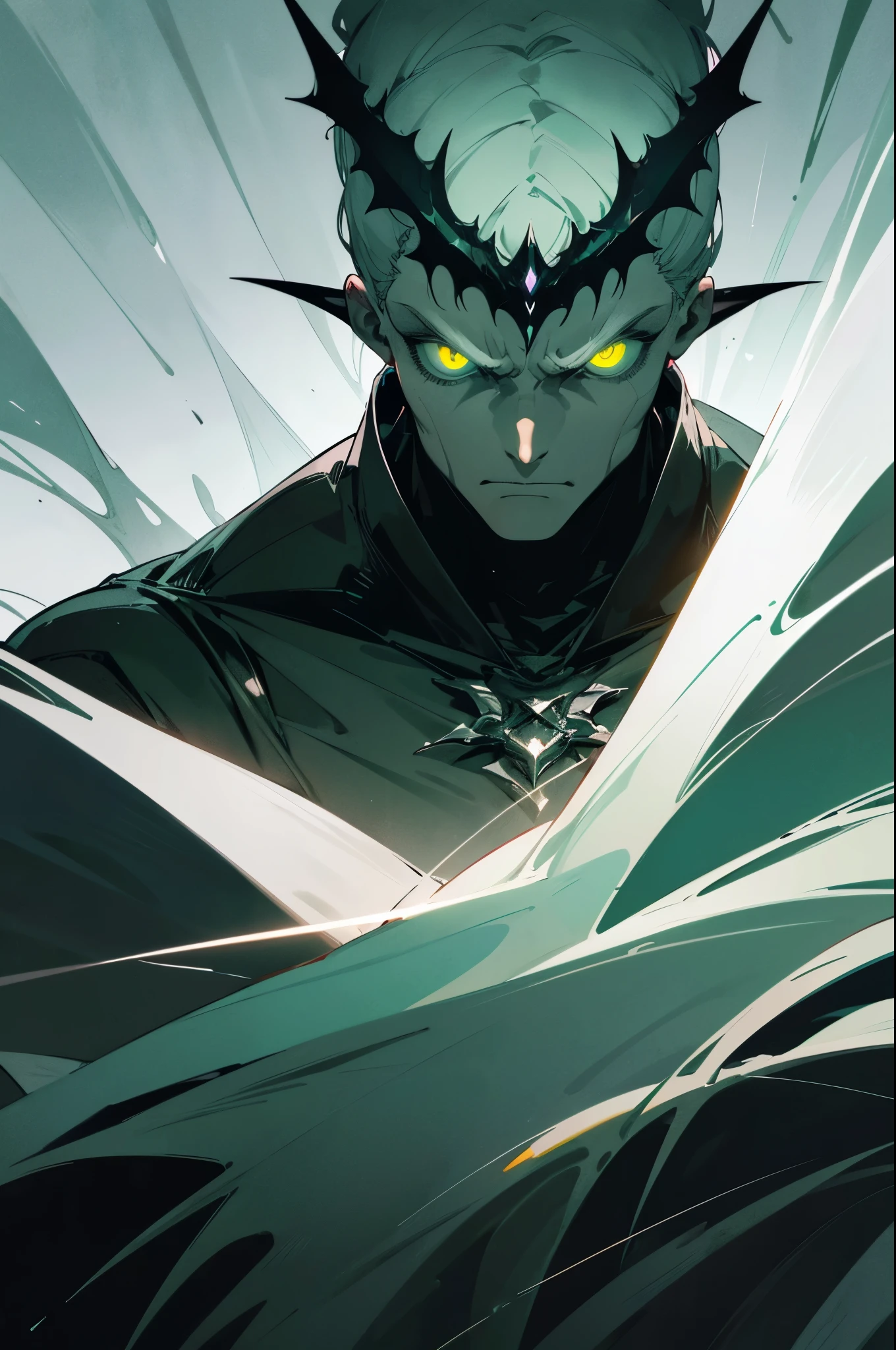 menacing,dark,mature male,tall,white hair,pale white skin,pale green aura glow,pale green eyes,cloaked in cape,dark armor,upper body view,menacing stare,sharp facial features,powerful build,dark and mysterious atmosphere,grim and foreboding presence,muscle definition,highly detailed body,striking contrasts of light and shadow,menacing posture,dominant and commanding presence,foreboding aura,imposing figure,sinister appearance,perfectly chiseled jawline,defined muscles,aged yet formidable,otherworldly and ethereal presence,majestic and intimidating,power radiating from his every pore,darkness engulfing his surroundings,his gaze pierces through the darkness,piercing eyes,fierce and intense expression,ominous and powerful figure,powerful energy emanating from him,exudes an air of danger and power,enigmatic and alluring presence,ominous atmosphere,enchanted and mysterious,superhuman strength and power,fear-inducing presence,his presence eclipses the room,malevolent intentions shrouded in darkness,supernatural abilities and strength. (best quality,highres),HDR,UHD,studio lighting,ultra-detailed,photorealistic,sharp focus,physically-based rendering,extreme detail description,professional,vivid colors,bokeh,portraits. cool-toned color palette,dark and moody lighting,subtle shades of green,glimmers of pale green light,contrasting shadows and highlights,captivating and eerie atmosphere.