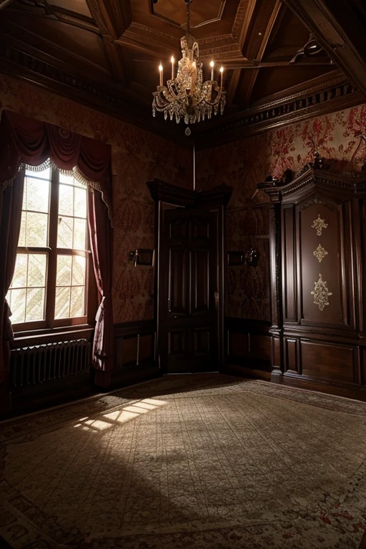 Room in the house from the horror movie Rose Red, victorian mansion, aisle, luxury, extravagant, never, lovely, baroque and excessive decoration, delusional, terrifying, Winchester mansion.