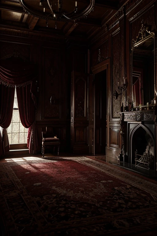 Room in the house from the horror movie Rose Red, victorian mansion, aisle, luxury, extravagant, never, lovely, baroque and excessive decoration, delusional, terrifying, Winchester mansion.