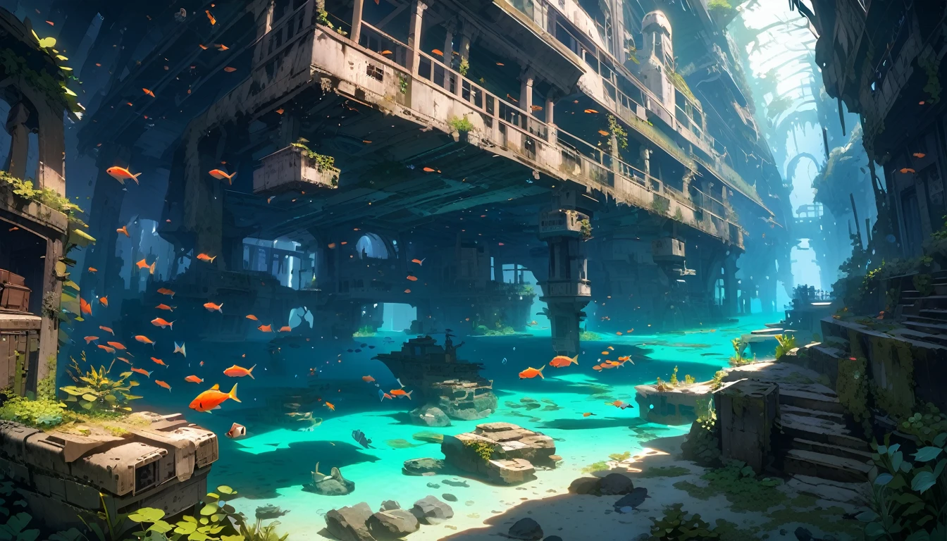 Abandoned Underwater City,Fish swimming,There&#39;s no one here,Highest quality,masterpiece,Air bubbles