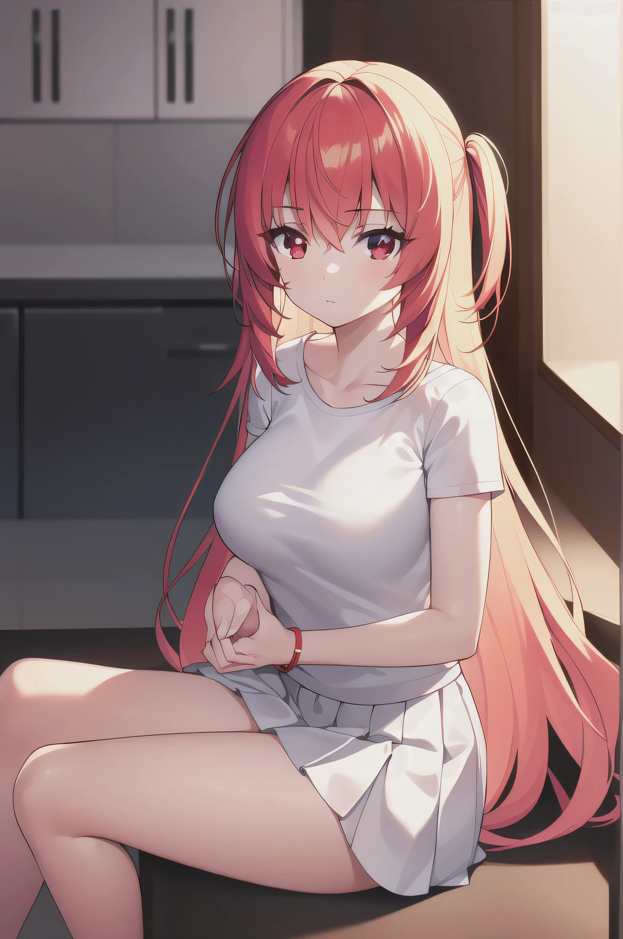 A girl，Long hair, bangs, Orange Hair, Hair between the eyes, (Red Eyes:1.5),  (Large Breasts:1.2), 
rest clavicle, White shirt, Pleated Skirt, mini skirt, bracelet, White skirt,cleveage，nipple，NUDE，
rest looking at viewer, whole body,
rest indoors, kitchen，
rest (masterpiece:1.2), best quality, high resolution, Unity 8K wallpaper, (illustration:0.8), (Beautiful and delicate eyes:1.6), Extremely detailed face, Perfect lighting, Extremely detailed CG, (Perfect hands, Perfect anatomical structure),