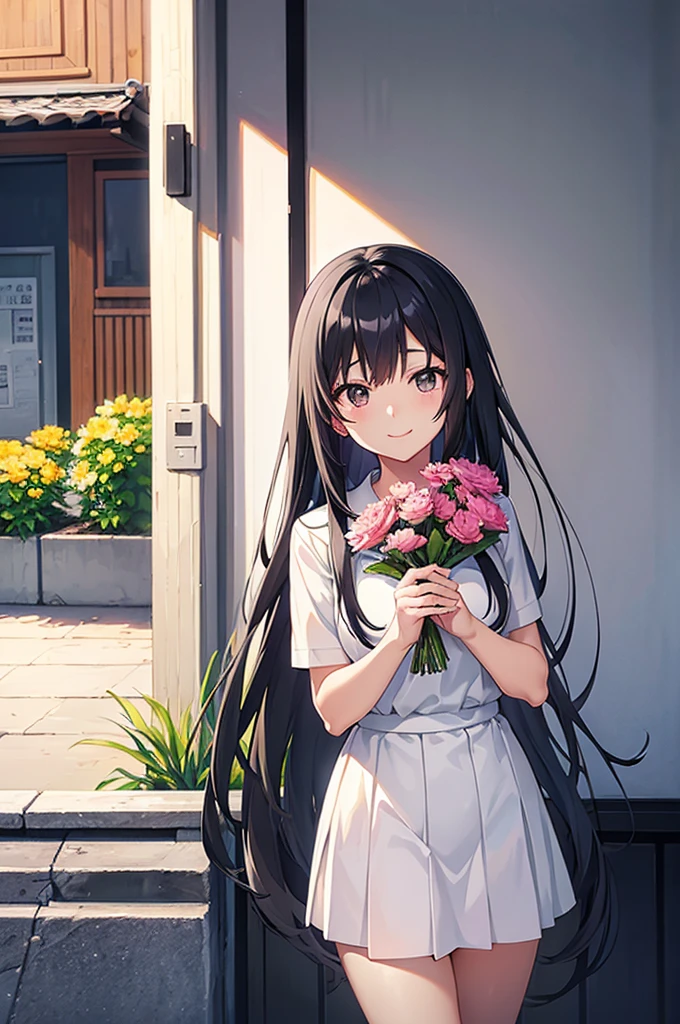 Anime girl with long black hair and black eyes , Anime illustration by Rei Kamoi, Pixiv, Sequential Art, perfect Gray-haired girl, Cute girl anime visuals, Beautiful anime school girl, Gray-haired deity, Gray-haired, Gray-haired少女, Surreal , Girls Frontline Style,  Holding a bouquet，Flower-like clothing，The only thing in the background is a flower field and blue sky.、２d 、Look forward、smile、From head to chest、older sister