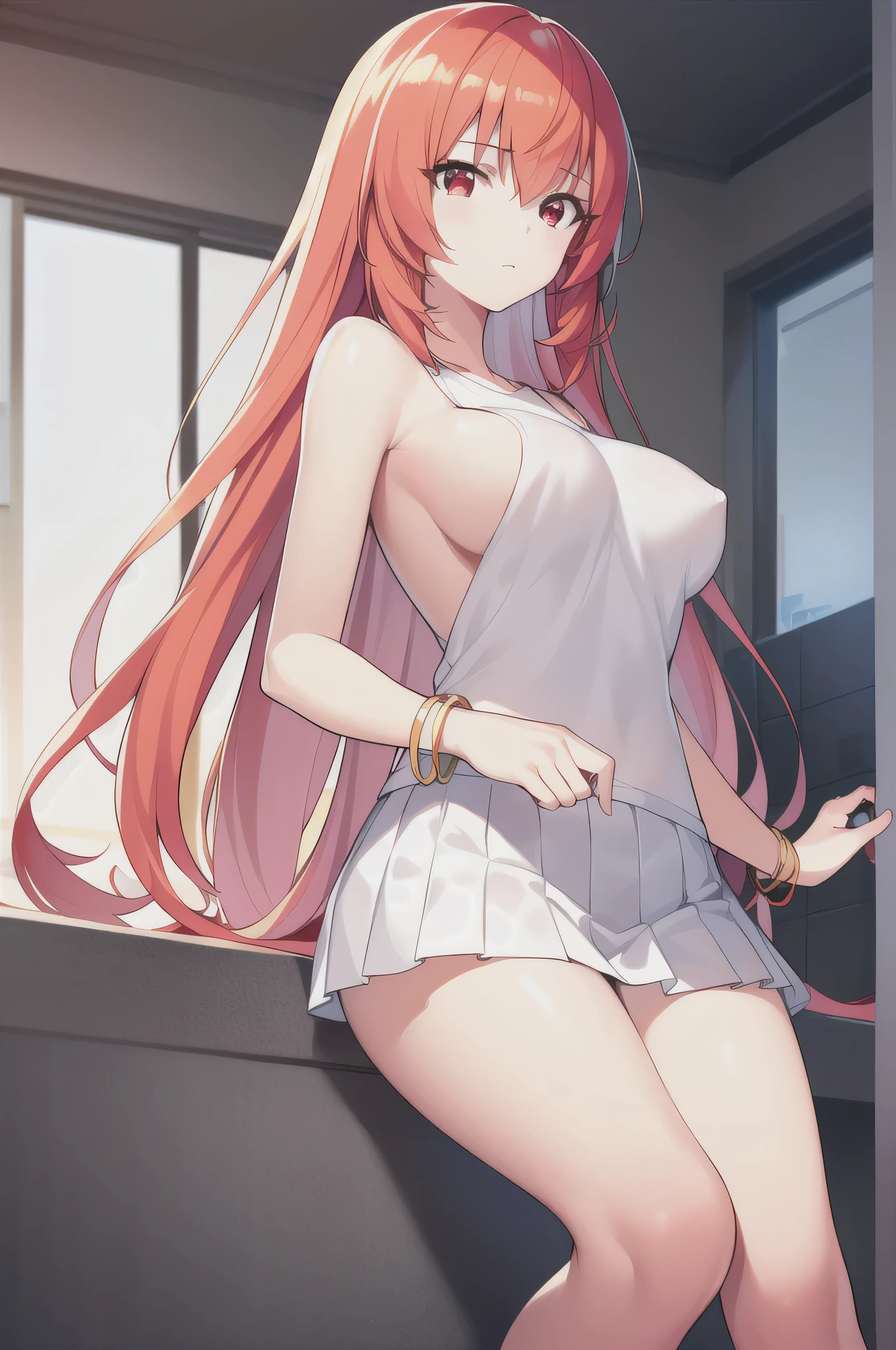 A girl,Long hair, bangs, Orange Hair, Hair between the eyes, (Red Eyes:1.5), (Large Breasts:1.2),
rest clavicle, White shirt, Pleated Skirt, mini skirt, bracelet, White skirt,cleveage,nipple,NUDE,
rest looking at viewer, whole body,
rest indoors, kitchen,
rest (masterpiece:1.2), best quality, high resolution, Unity 8K wallpaper, (illustration:0.8), (Beautiful and delicate eyes:1.6), Extremely detailed face, Perfect lighting, Extremely detailed CG, (Perfect hands, Perfect anatomical structure),