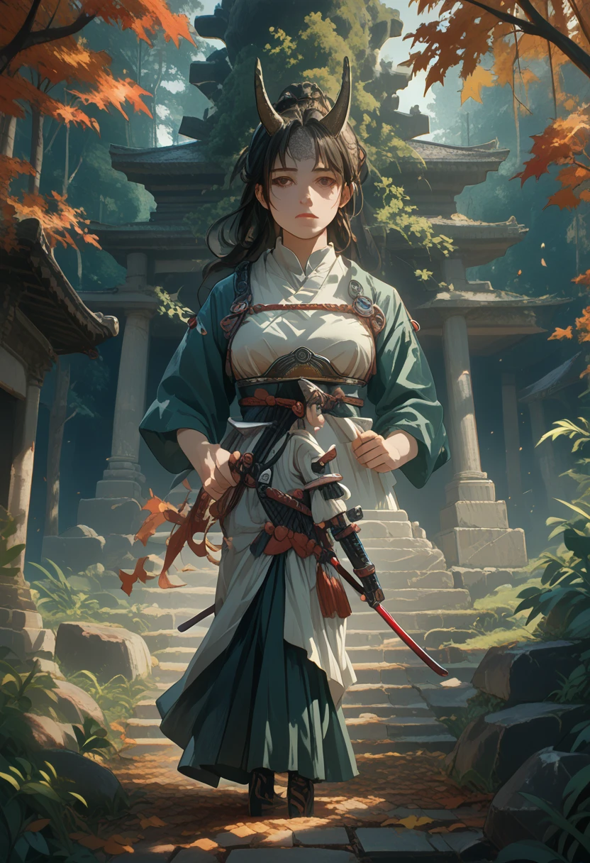 anime,(In the Katana Stone),Girl Attractive,Suitable for stone,autumn forest,Small paved path to the stone,Leaves are crumbling,Dress with diagonal patterns,Behind the stone,Statue-monument to a hero in armor and with long hair,I feel nostalgic. 