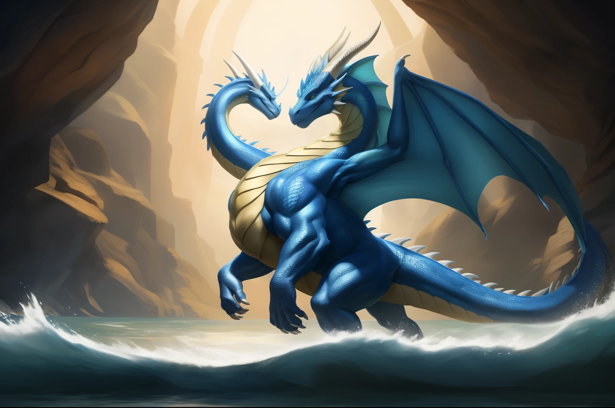 Physical Appearance (Adult Form):
Build: The High Commander Dragon has a robust and muscular build, showcasing its strength and authority. Its body is covered in shimmering scales that blend sea blue and metallic hues, giving it a majestic and commanding presence. The dragon’s chest is broad and powerful, with defined muscles that ripple beneath its scales, indicating its immense physical strength. Its abdomen is equally muscular, with a series of ridges running down its belly, adding to its armored appearance.
Head: The dragon’s head is adorned with two prominent dark brown-yellow horns, adding to its fierce and authoritative look. Its eyes are sharp and piercing, reflecting its strategic mind and leadership qualities. The dragon’s snout is elongated, with nostrils that flare slightly when it breathes, and its mouth is filled with razor-sharp teeth that gleam menacingly. Its jawline is strong and defined, giving it a regal and commanding profile.
Fins and Tail: Large, powerful fins extend from its arms and back, emphasizing its aquatic nature. These fins are webbed and have a slight iridescent quality, catching the light in a mesmerizing display. Its tail is long and strong, with a fin-like structure at the end, aiding in swift and agile movements through water. The tail also has small, sharp spikes running along its length, adding to its formidable appearance. The base of the tail is thick and muscular, providing the dragon with powerful propulsion in water.
Scales: The scales are intricately patterned, with a mix of blue and metallic shades that catch the light beautifully, making the dragon appear almost regal. Each scale is edged with a fine line of silver, creating a shimmering effect as the dragon moves. The scales are also incredibly tough, providing excellent protection against attacks. Along its spine, the scales are slightly larger and more pronounced, forming a natural ridge that runs from the back of its head to the tip of its tail.