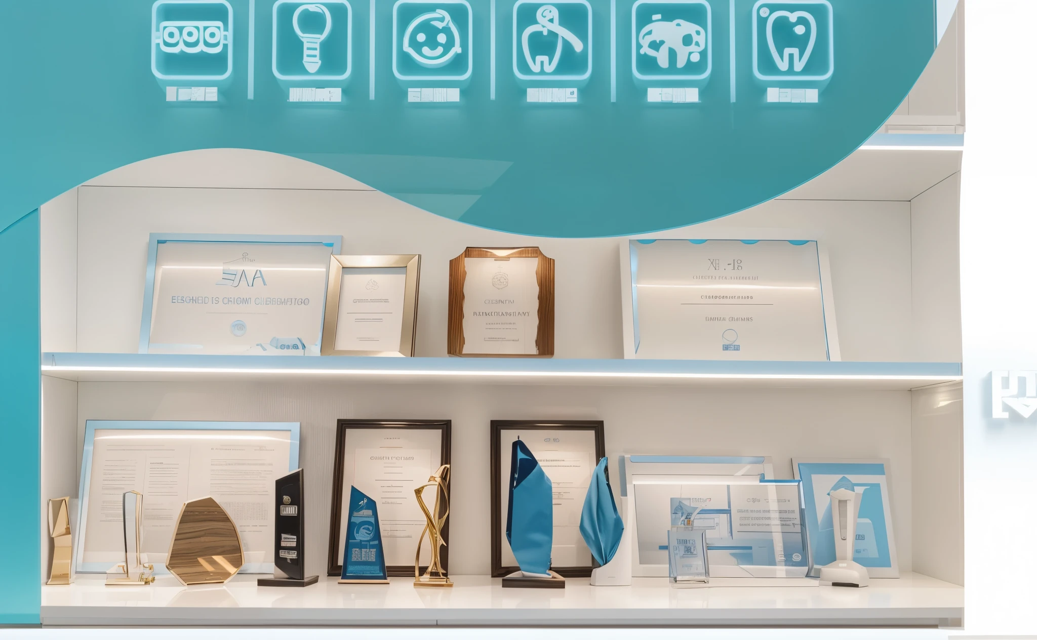  Design an interactive and engaging website for the dental clinic, featuring various awards that have been won in the style of our office in China over many years of experience in fiber optic toothayr X close up of all their trophies on display on shelf, with clear icons showing them off. Use light blue as main color theme to convey trust and warmth. The design should be modern yet professional, reflecting your equipment's high quality and sophistication, while highlighting experience and clients' paDocumentary Photography, 
