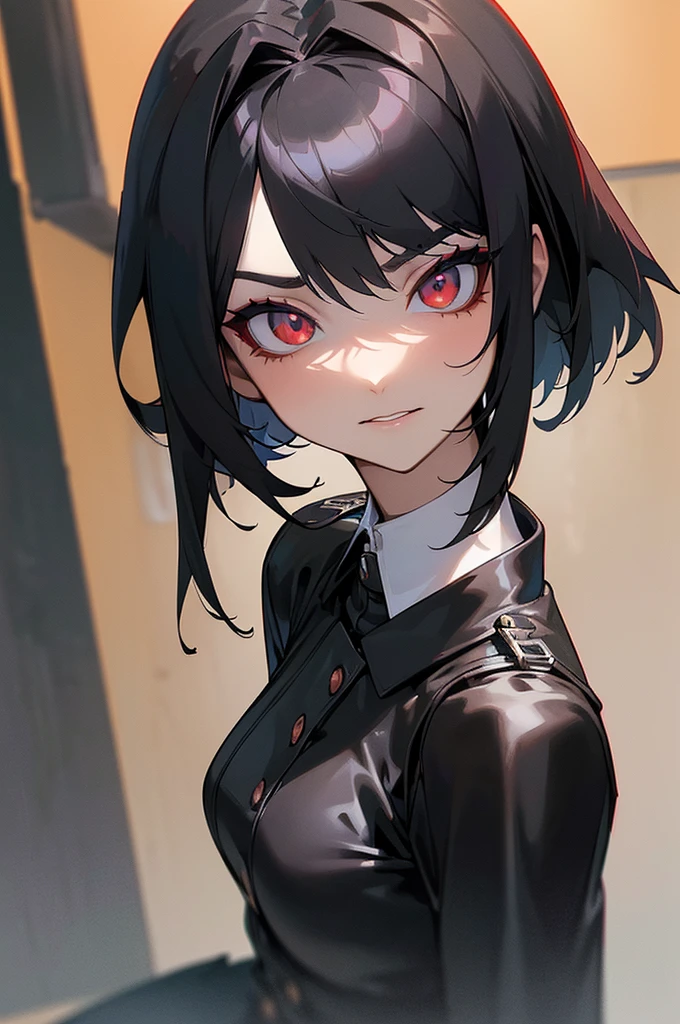 D((masterpiece, CaliDaD superior, super definition, Ultra Definition)), only, Whole body, (27-year-olD Gothic woman in black leather German official uniform), wearing an army leather hat, (((Clear expression of boDy unevenness)), Looking at the camera, (sentaDa De espalDas a la pareD y roDillas DoblaDas), femenine body, senos granDes, Red eyes, black hair bob, Zoom frontal, horizontal seat, YanDere, strong makeup, pupils constricteD, Sombras profunDas, SFW, dark, Manos DetallaDas, tall woman, saDistic smile, Dynamic Angle, entrepierna Dispersa, Sombras profunDas, 8K resolution