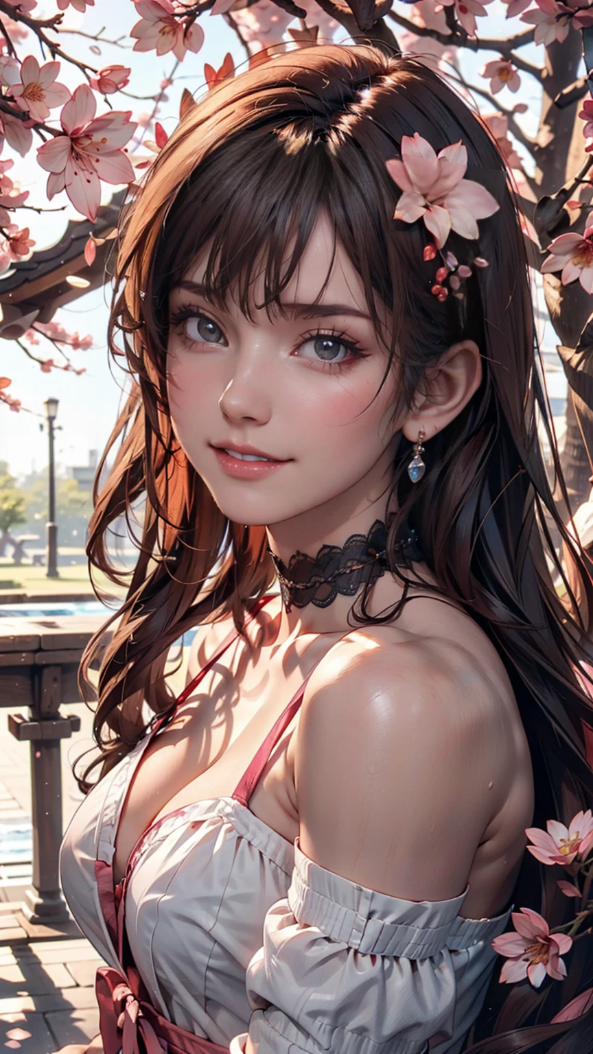 Highest quality, Ultra-high resolution, (Realistic:1.4), One girl, nude, Small breasts,Pink nipples(erection), Black choker, smile, Exposing shoulders, Focus Only, View your viewers,Fair skin,sunset,cherry blossoms,Photon Mapping, Physically Based Rendering, RAW Photos, Highly detailed background,K-Pop Idols,Depth of written boundary,torii,cherry blossoms,hair ornaments,Detailed face,Glowing Skin,Game CG,whole body,