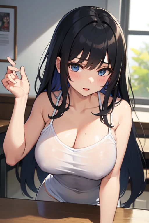 Black hair, long hair, big breasts　White camisole junior high school girl