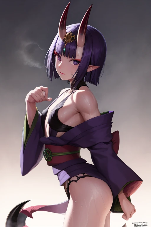 masterpiece,best quality,high resolution,8k,ultra HD,wallpaper,illustration,perfect face,cowboy shot,beautiful detailed eyes,extremely detailed face,perfect lighting,extremely detailed CG,perfect hands,perfect anatomy,perfect body,perfect hands,perfect fingers,1woman,full body,megami magazine,(muscle fighter:1.1),purple bob hair,purple eyes,(large breasts:1.3),(Medium ass:1.1),medium nipples,japanese oiran purple yukata,,clothed,,collarbone,,looking at viewer,sexy look  pose,Steam,Wet,sweat,home,forehead two demon horn ears,perfect demon horn