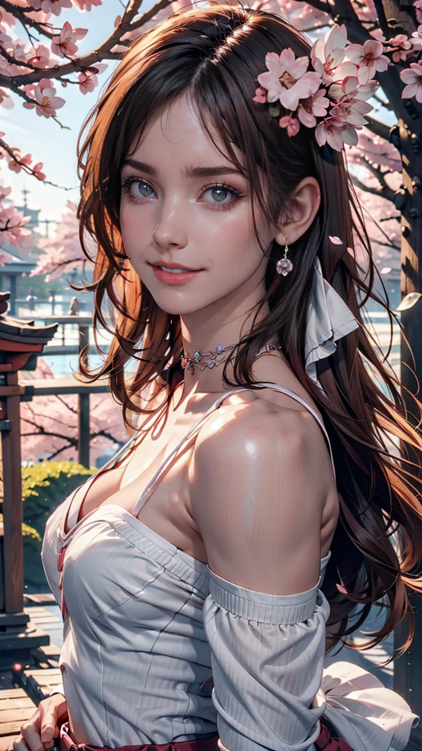 Highest quality, Ultra-high resolution, (Realistic:1.4), One girl, nude, Small breasts,Pink nipples(erection), Black choker, smile, Exposing shoulders, Focus Only, View your viewers,Fair skin,sunset,cherry blossoms,Photon Mapping, Physically Based Rendering, RAW Photos, Highly detailed background,K-Pop Idols,Depth of written boundary,torii,cherry blossoms,hair ornaments,Detailed face,Glowing Skin,Game CG,whole body, 