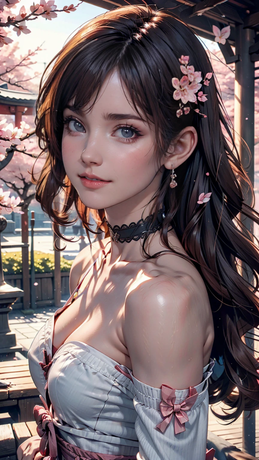 Highest quality, Ultra-high resolution, (Realistic:1.4), One girl, nude, Small breasts,Pink nipples(erection), Black choker, smile, Exposing shoulders, Focus Only, View your viewers,Fair skin,sunset,cherry blossoms,Photon Mapping, Physically Based Rendering, RAW Photos, Highly detailed background,K-Pop Idols,Depth of written boundary,torii,cherry blossoms,hair ornaments,Detailed face,Glowing Skin,Game CG,whole body,