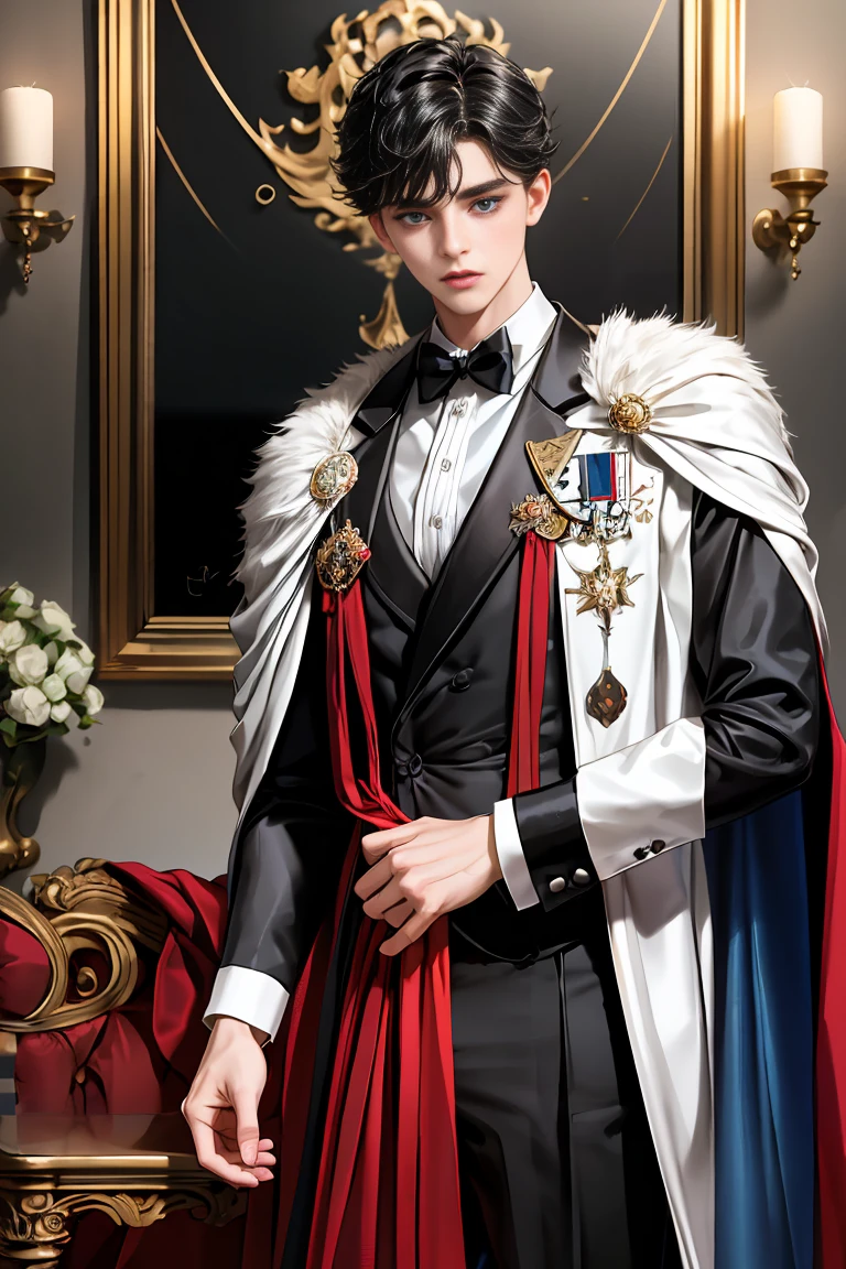 masterpiece, 最high quality, high quality, 1 boy, alone, Male focus, Watching the audience, Messy black hair, Adorable big blue eyes, White, Noble, Noble,A sexy, voluminous, puffy cape、tuxedo、A very voluminous, large, very large, very large, long, long red and black cape with a high stand-up collar, made of a lot of fabric that reaches down to the floor., ,Cute beautiful boys,Cute, cute, kind, handsome guy