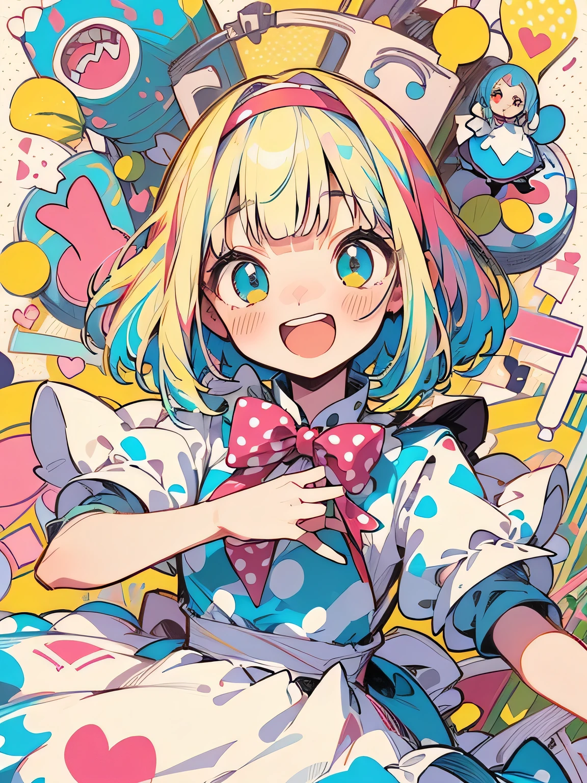 ((Alice in Wonderland:1.3)),blue color hair,thin pixie cut,blunt bangs,((A vibrant and lively background:1.2)),(Pop and cute polka dot pattern:1.45)),((You are the main character!:1.2)),((Beautiful images:1.15)),((high quality:1.15)),((Perfect graphics:1.15)),(((girl、Lady:1.2))),Big smile,(blush、Embarrassed laugh:1.25),(white、pink、cream、black、yellow)