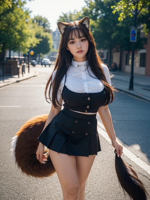 ((Highest quality, 8k)), ((masterpiece)), (Highest Resolution), Perfect Face, fox girl, high school girl, Beautiful woman, public, Has one tail, She has thick thighs, a large tail, She has a yellow fox tail., She wags her tail, Troubled face, fur collar, She wears a short skirt, Beautiful Hips , Big Breasts, The skirt is rolled up with a big tail