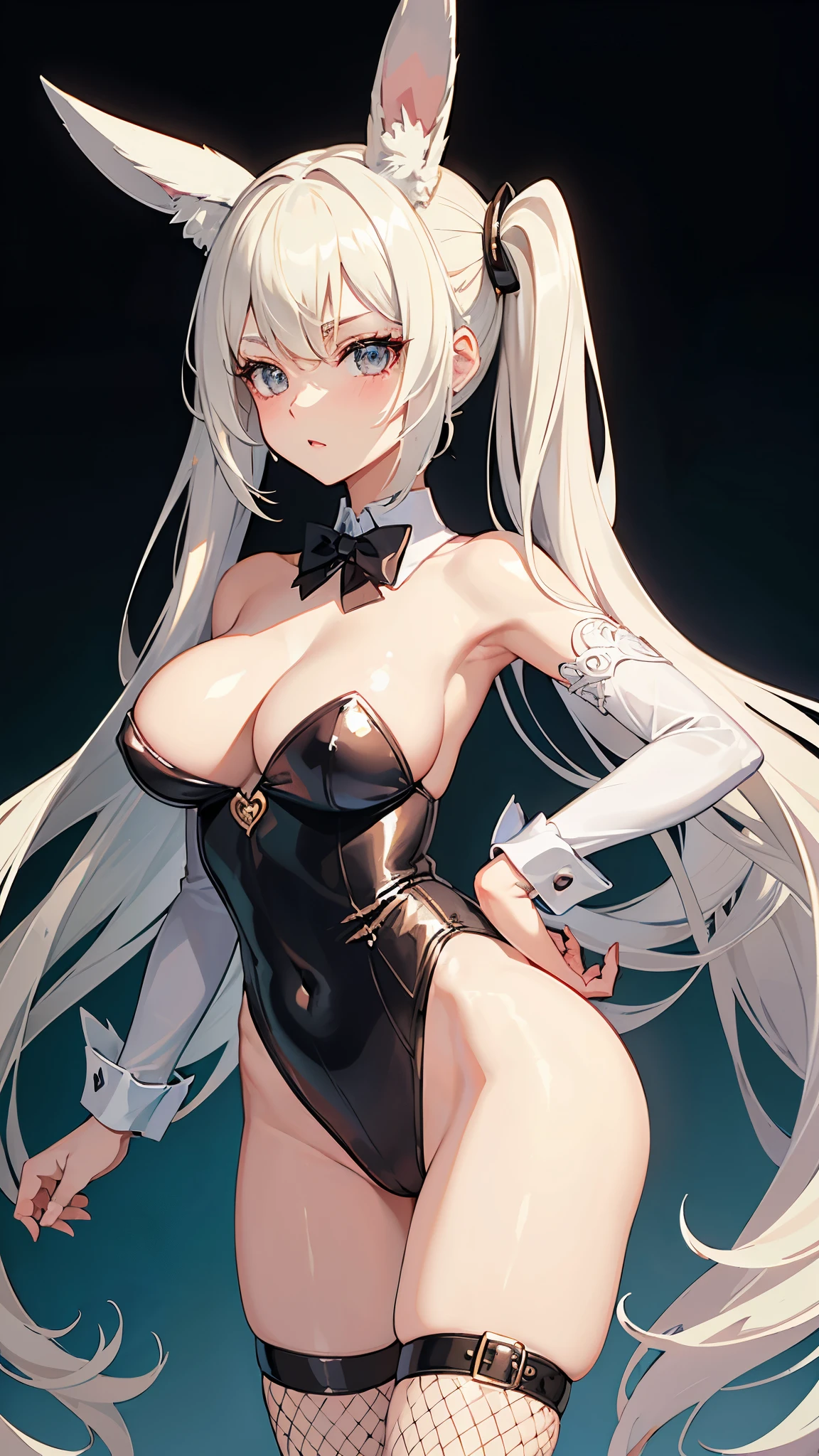 ((Best Quality)), (ultra-detailliert), ((Extremely detailed)), (Beautiful), ((Kawaii Girl)),(two side up hair)、((masutepiece)), ((Platinum Blonde Hair)), Long hair, hair between eye, Wavy Hair, Long sideburns, Jade-colored eyes, White skin,Colossal tits、Rabbit ears, Slender body, Playboy bunny, Fishnet tights, High heels , Casino, Standing,One Woman, Anime