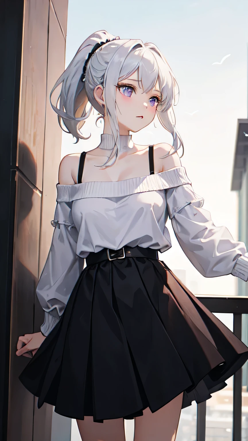 ((Highest quality)), ((masterpiece)), (detailed), One girl, Off-the-shoulder sweater,She stands on the balcony、White hair fluttering in the wind。Her hair is tied up in a ponytail、Every time it sways in the wind it reflects a soft light.。Her purple eyes、It's as clear as a star shining in the night sky、It has a beautiful light。 Her expression is calm、Gazing somewhere far away。The wind ruffled the hem of her dress、White fabric flutters lightly。Her posture is graceful and、It seems like he's enjoying the feel of the wind.。Put your hands on the balcony railing、The sight of the scenery that makes you feel the breath of nature、It's as beautiful as a scene from a painting.。 In the background、The sky is dyed in the sunset、The soft orange and pink light gently envelops her silhouette.。The potted plants on the balcony sway in the wind.、The scenery is in harmony with nature.、A moment of silence and eternal beauty。