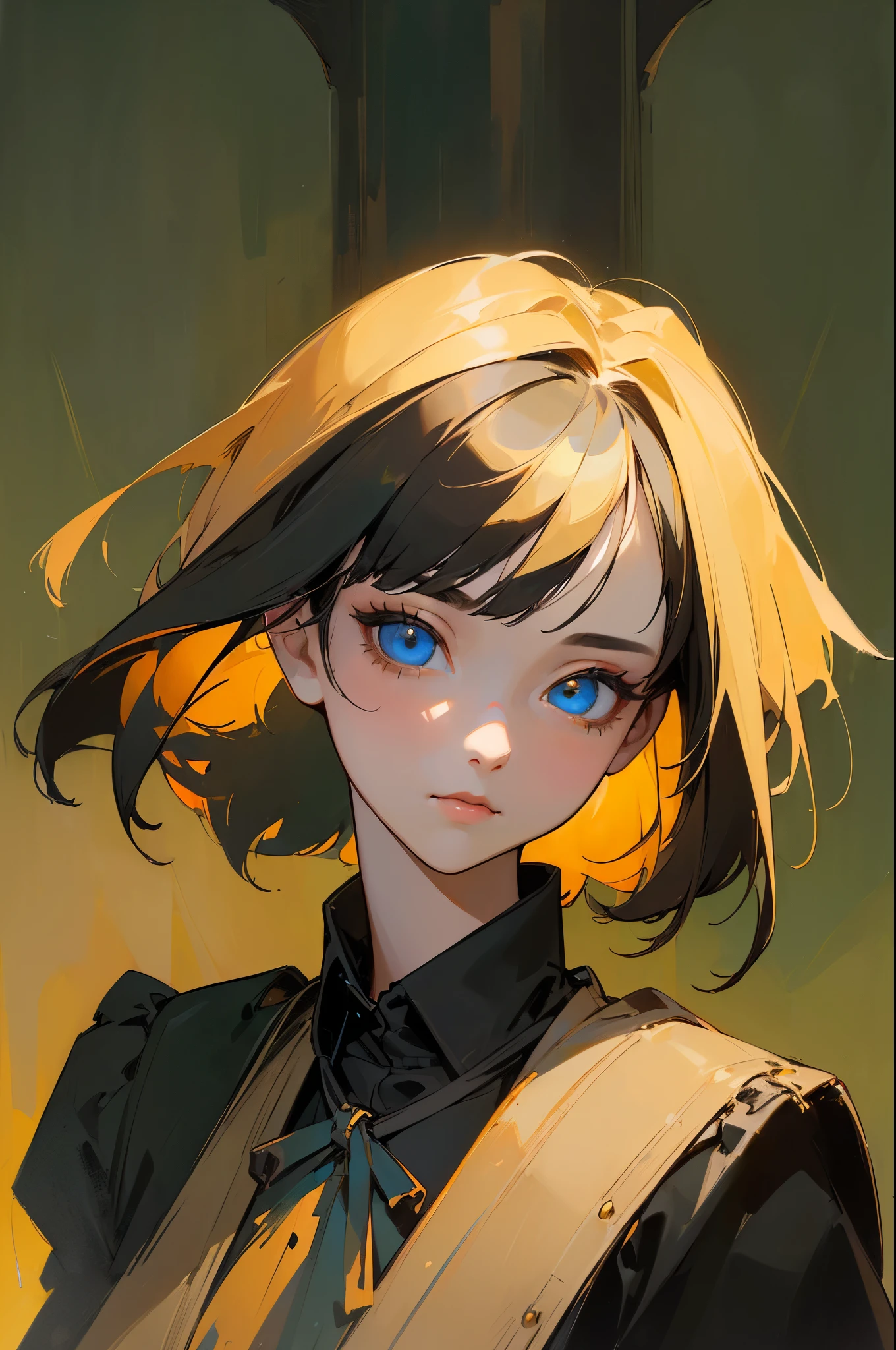 (Style by NTY:1.4), (top-quality、masterpiece:1.2) 1woman, detailed oil portraiture art of a character, loose oil paint, thick paint, portrait, video game character art, female, black background, stunning, perfect artwork, bob cut, yellow dyed red at the ends, blue eyes, medieval background