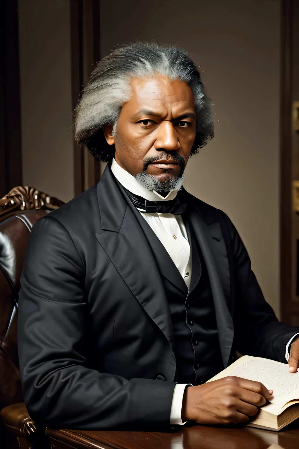 Create a striking portrait of Frederick Douglass, the renowned African American abolitionist, orator, and statesman from the 19th century. Capture him in his prime, around 1870, when he was in his early 50s.
Physical Appearance:
Depict Douglass with his iconic features: a strong, determined face with deep-set eyes that reflect wisdom and intensity 1.
Portray his distinctive hair: thick, graying, and slightly wild, forming a lion-like mane that frames his face 2.
Include his well-groomed mustache and beard, also graying, which add gravitas to his appearance.
Emphasize his high, noble forehead, symbolizing his intellect and thoughtfulness.
Capture the intensity of his gaze, with eyes that seem to look directly at the viewer, conveying both strength and compassion.
Attire and Pose:
Dress Douglass in a formal, well-tailored black suit of the period, with a crisp white shirt and a dark tie or cravat.
Position him in a three-quarter view, with his body slightly turned but his face more directly towards the viewer.
Consider including his hands, perhaps holding a book or pen, symbolizing his dedication to education and writing