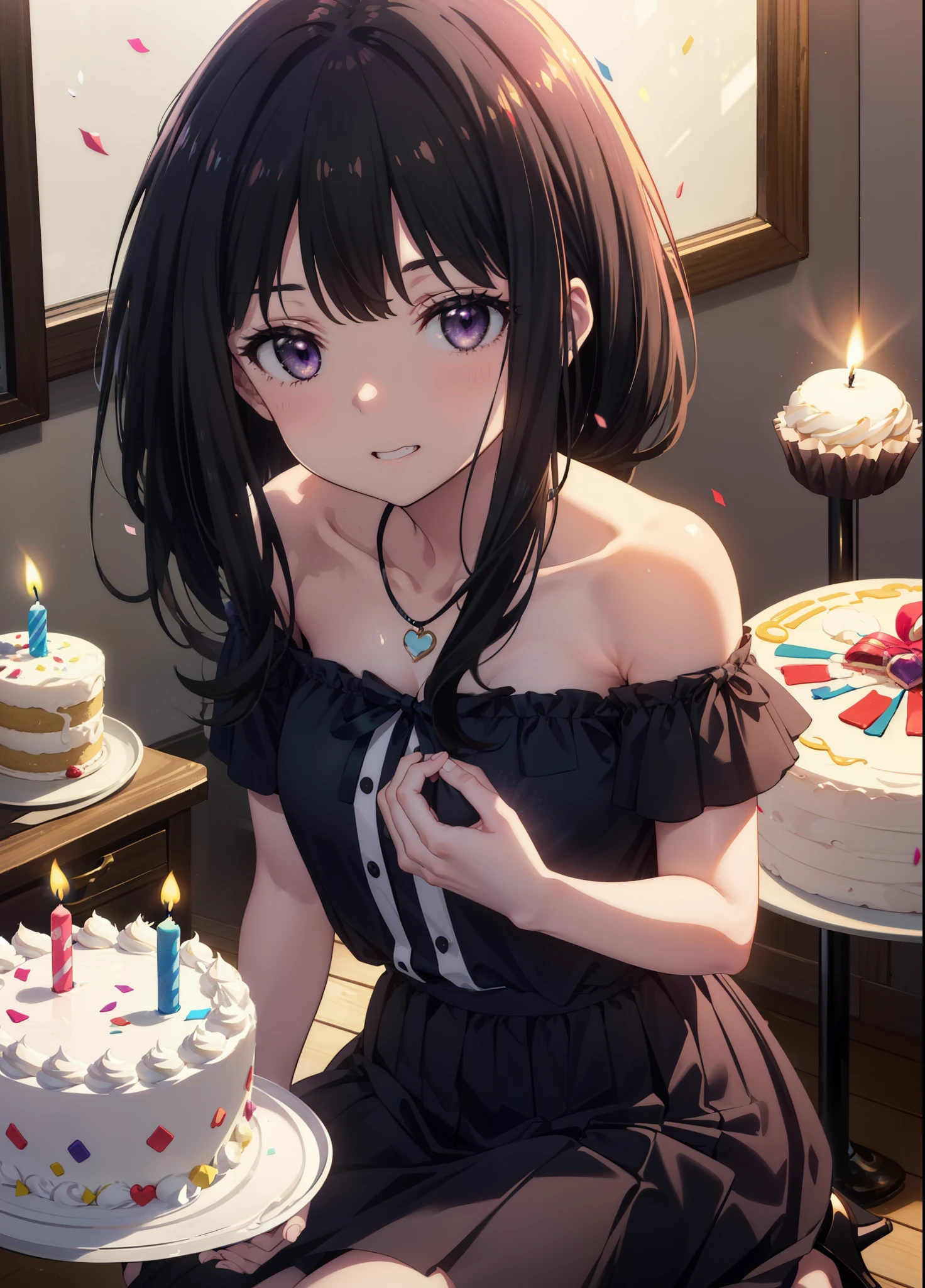 Takiuchikami, Long Hair, bangs, Black Hair, (Purple eyes:1.2),
smile,blush,Please open your mouth wide,Blue off-shoulder dress,Bare shoulders,bare clavicle,Bare neck,Heart Necklace,Short sleeve,Long skirt,Stiletto heels,Birthday cake with lit candles,
,There is a round birthday cake on the desk..,Confetti,cracker,whole bodyがイラストに入るように,
break indoors, venue,
break looking at viewer, whole body,
break (masterpiece:1.2), Highest quality, High resolution, unity 8k wallpaper, (shape:0.8), (Beautiful attention to detail:1.6), Highly detailed face, Perfect lighting, Extremely detailed CG, (Perfect hands, Perfect Anatomy),