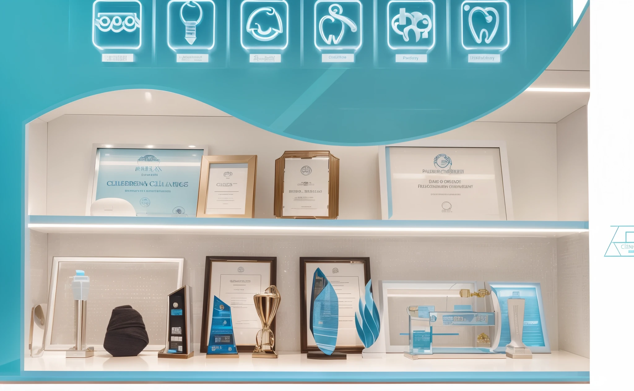  Design an interactive and engaging website for the dental clinic, featuring various awards that have been won in the style of our office in China over many years of experience in fiber optic toothayr X close up of all their trophies on display on shelf, with clear icons showing them off. Use light blue as main color theme to convey trust and warmth. The design should be modern yet professional, reflecting your equipment's high quality and sophistication, while highlighting experience and clients' paDocumentary Photography, 
