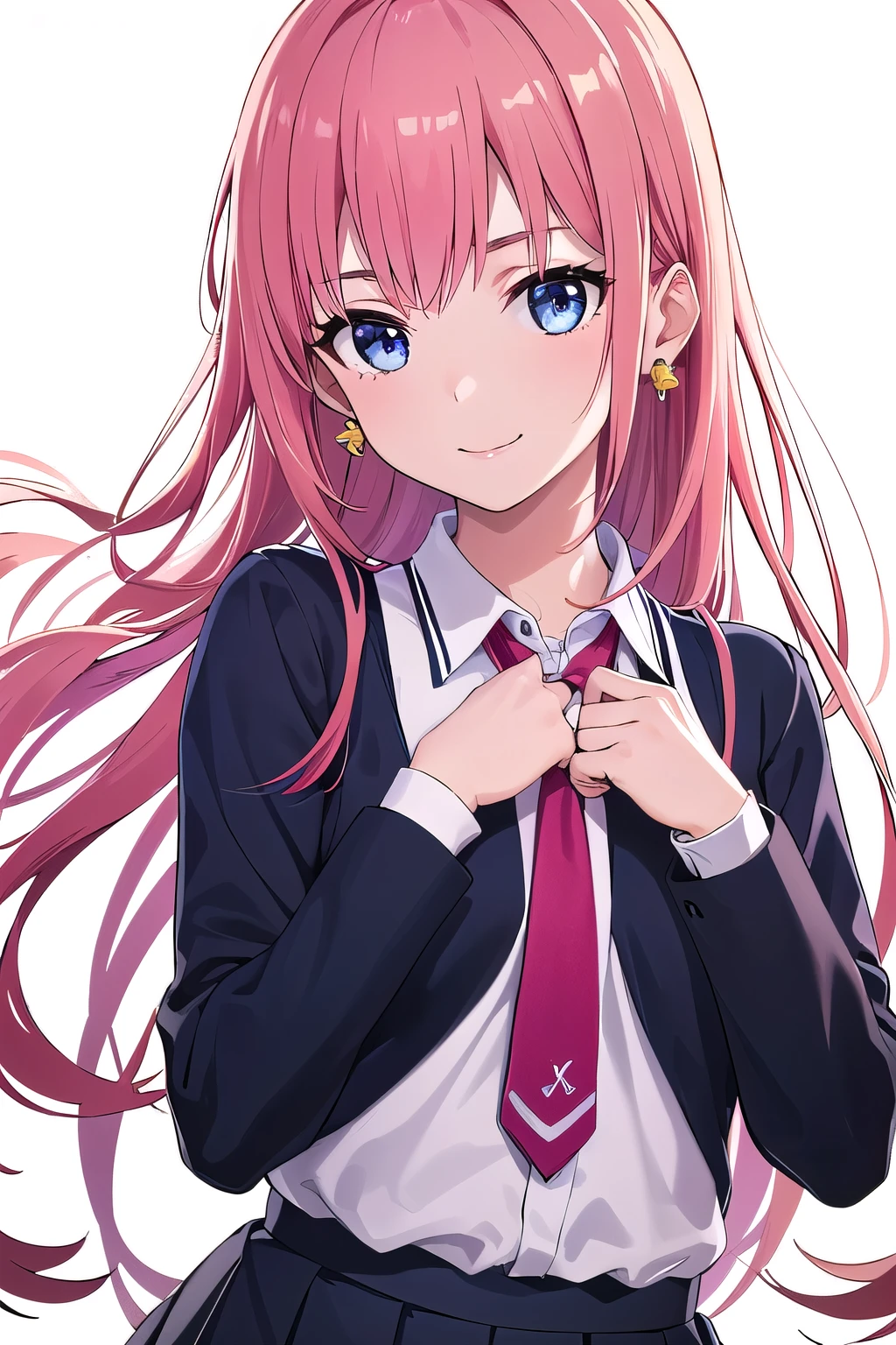 (8K, top-quality, masterpiece:1.2), (reallistic, Photorealsitic:1.37), Super Detail, One girl,), (Highly detailed), (beautifully detailed eyes), (of the highest quality), (super detailed ), (masterpiece), (Detailed face),20yr old, ,1 girl, ((pink hair,long hair)), medium breasts, clothed, Perfect Lighting, BREAK (navy and gray color scheme:1.2), (check pattern:1.2), (glossy and very tight school uniform:1.5), (long sleeve blouse:1.4), (V-neck with necktie:1.3), (pleated mini skirt:1.4), (beige skirt:1.2), (black glossy tights:1.2), (black loafers:1.2), (gold stud earrings:1.1), (relaxed fit:1.1), (soft fabric:1.1), BRAKE, (upper body to thighs:1.1), (pink long hair:1.2), (waves:1.1), (bright smile:1.2), (facing forward:1.2), (relaxed pose:1.1), (hands on back:1.1), (white background:1.1), (soft lighting:1.1), BRAKE