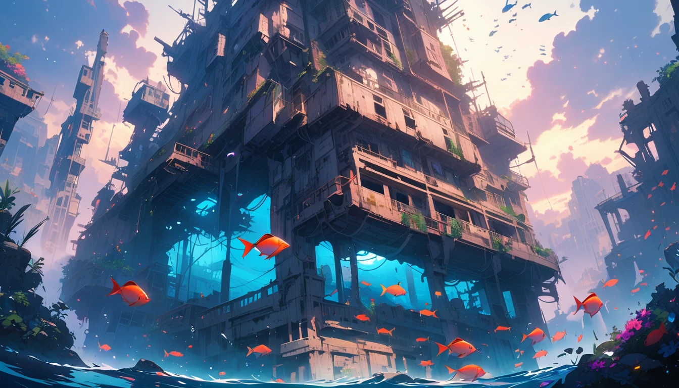 Abandoned Underwater City,Fish swimming,There's no one here,Highest quality,masterpiece