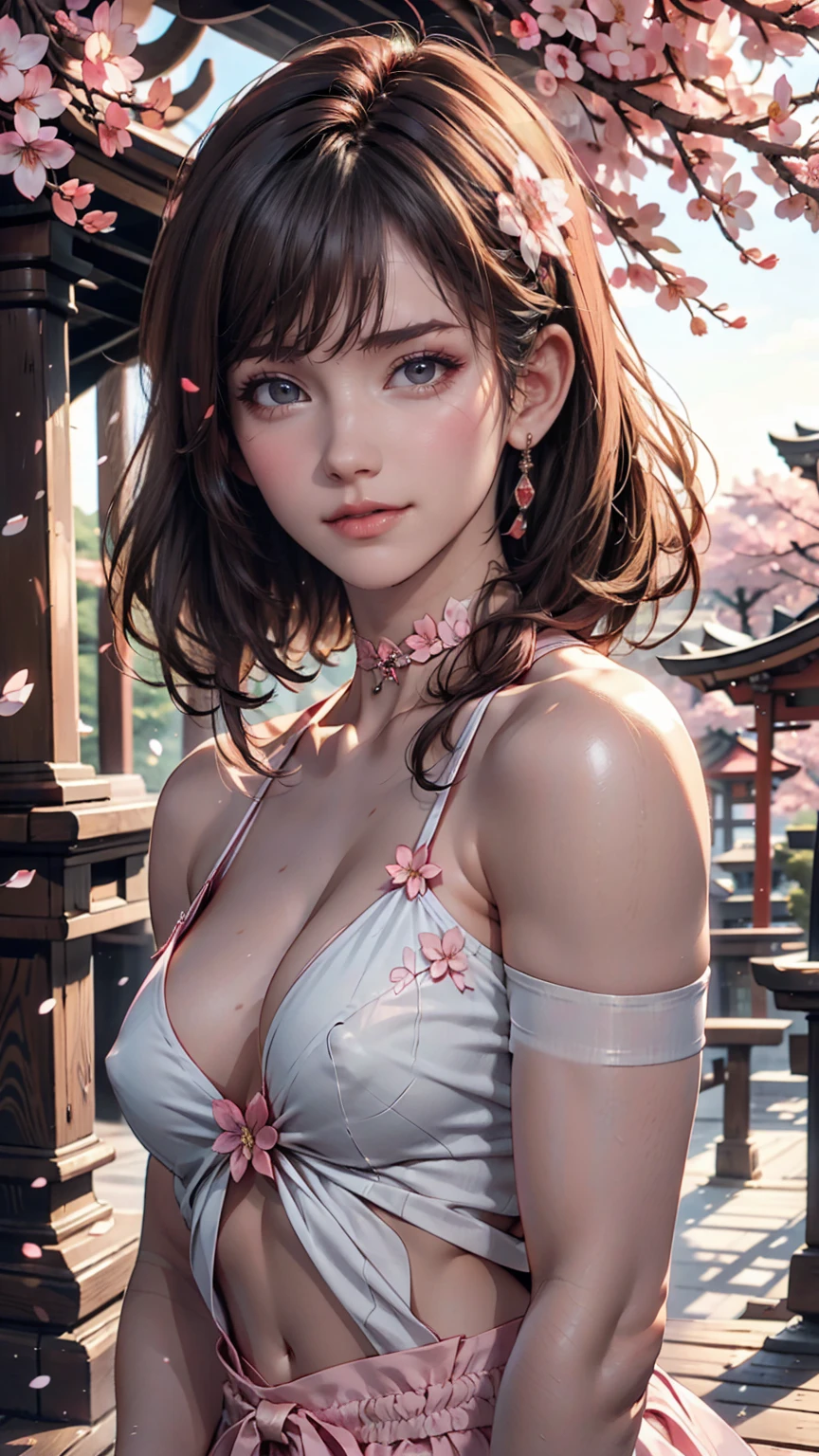 Highest quality, Ultra-high resolution, (Realistic:1.4), One girl, nude, Small breasts,Pink nipples(erection), Black choker, smile, Exposing shoulders, Focus Only, View your viewers,Fair skin,sunset,cherry blossoms,Photon Mapping, Physically Based Rendering, RAW Photos, Highly detailed background,K-Pop Idols,Depth of written boundary,torii,cherry blossoms,hair ornaments,Detailed face,Glowing Skin,Game CG,whole body,