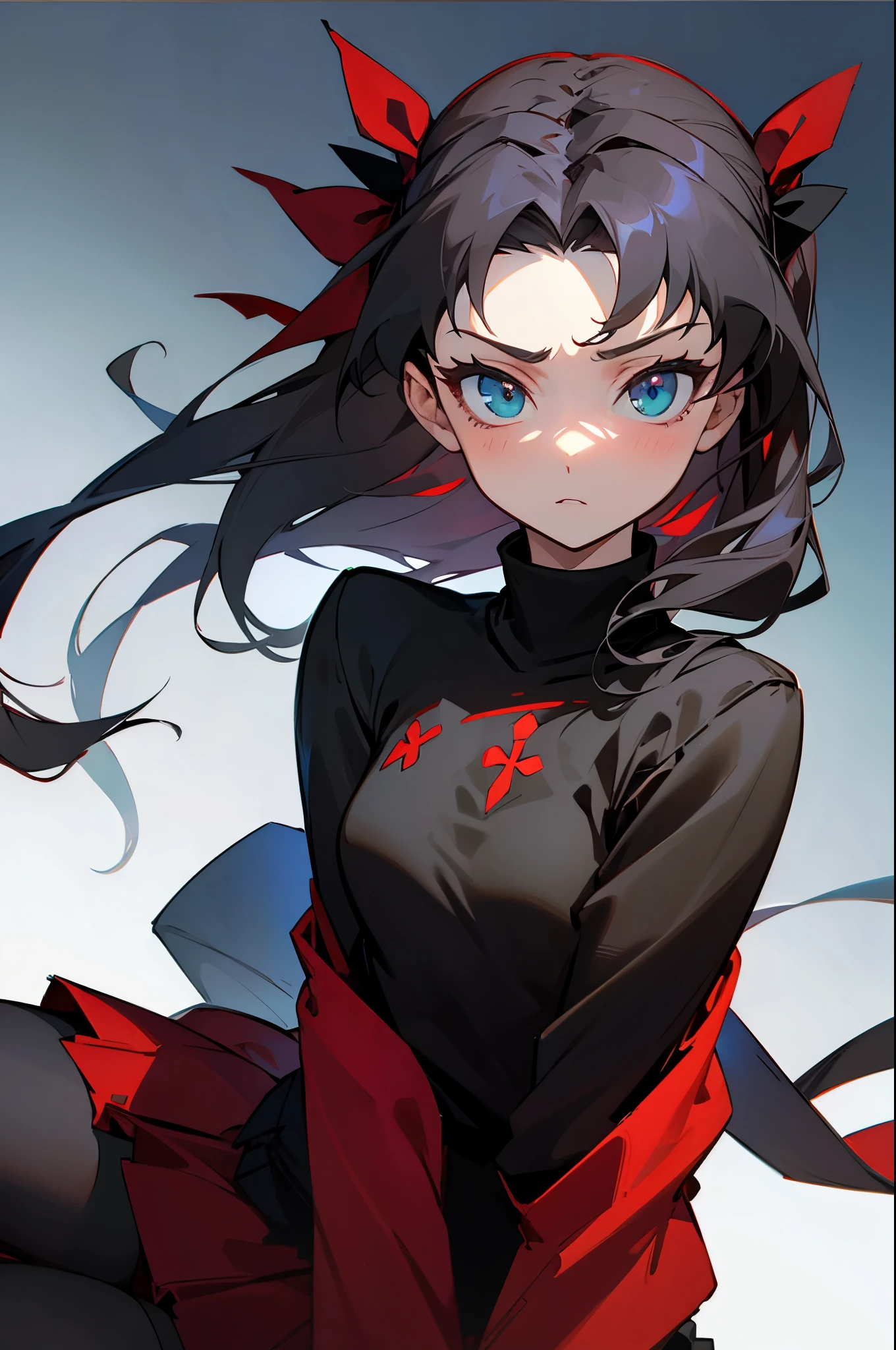 (masterpiece), best quality, expressive eyes, perfect face, 1girl, solo, rintohsaka, rin tohsaka, aqua eyes, black hair, hair ribbon, long hair, ribbon, sidelocks, two side up, black skirt, black thighhighs, long sleeves, miniskirt, pleated skirt, ((red sweater)), skirt, sweater, thighhighs, turtleneck, city background, sitting, character sheet, upper body, portrait, looking at viewer