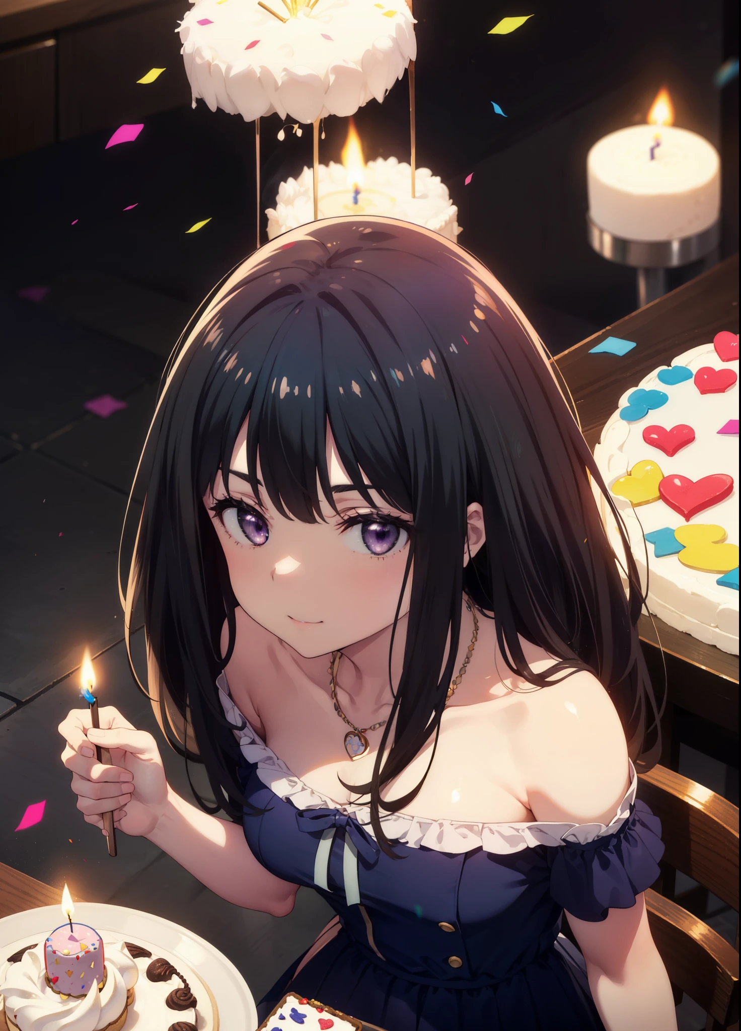 Takiuchikami, Long Hair, bangs, Black Hair, (Purple eyes:1.2),
smile,blush,Please open your mouth wide,Blue off-shoulder dress,Bare shoulders,bare clavicle,Bare neck,Heart Necklace,Short sleeve,Long skirt,Stiletto heels,Birthday cake with lit candles,
,There is a round birthday cake on the desk..,Confetti,cracker,whole bodyがイラストに入るように,
break indoors, venue,
break looking at viewer, whole body,
break (masterpiece:1.2), Highest quality, High resolution, unity 8k wallpaper, (shape:0.8), (Beautiful attention to detail:1.6), Highly detailed face, Perfect lighting, Extremely detailed CG, (Perfect hands, Perfect Anatomy),