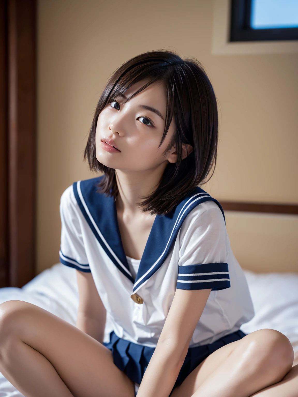 (masterpiece), Very detailed, Ultra-high resolution, Realistic, photo Realistic, High-resolution RAW color photos, Professional photos, Sharp focus, (Very detailed顔と肌の質感, Very beautiful eyes, Glossのある肌, Glowing Skin, Glowing Skin, Shining Face, Gloss, Oily skin, greasy face, Oily skin, greasy face,),, (real Glossのある肌 texture), Perfect Anatomy, Very detailed背景,((Bed at night)),(1 female,25-year-old woman, Japanese women),(lean slender body、Slender legs),(short hair, Straight hair, bangs, Brown Hair),(Flat Chest:1.6), (((Sailor suit with short sleeves Japan,Japanese school sailor uniform, Pleated skirt)))、((Spread your legs:1.4))、((((undressing shirt、Open shirt))))、((Being:1.6))