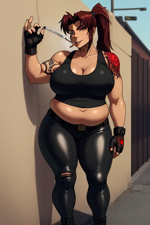 (masterpiece, highest quality:1.2), solo, 1girl, imagine Revy as a plus size milf, 45-year-old, mature woman, covered in tattoo's, plump, chubby figure, round belly, beer gut, love handles, expressionless, looking at viewer, ponytail, (Wearing: red tank top, fingerless gloves, black leather pants), holding a cigarette, city street, standing, leaning up against a wall
