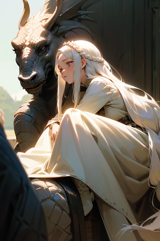 Woman with white long hair, natural white hair,braided hair, detailed hairstyle, hair accessories, long hair, complicated hairstyle, front view, medieval woman, game of thrones style, queen, dragon queen